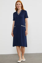Dökümlü Açık Polo Yaka Elbise - Lacivert (2) Sementa