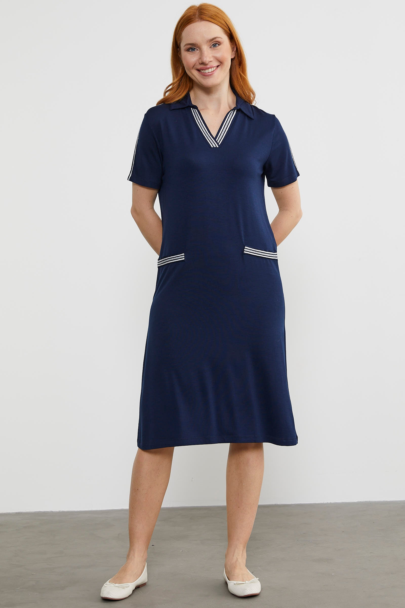 Dökümlü Açık Polo Yaka Elbise - Lacivert (3) Sementa