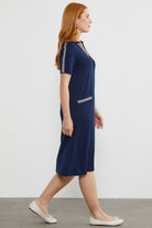 Dökümlü Açık Polo Yaka Elbise - Lacivert (4) Sementa