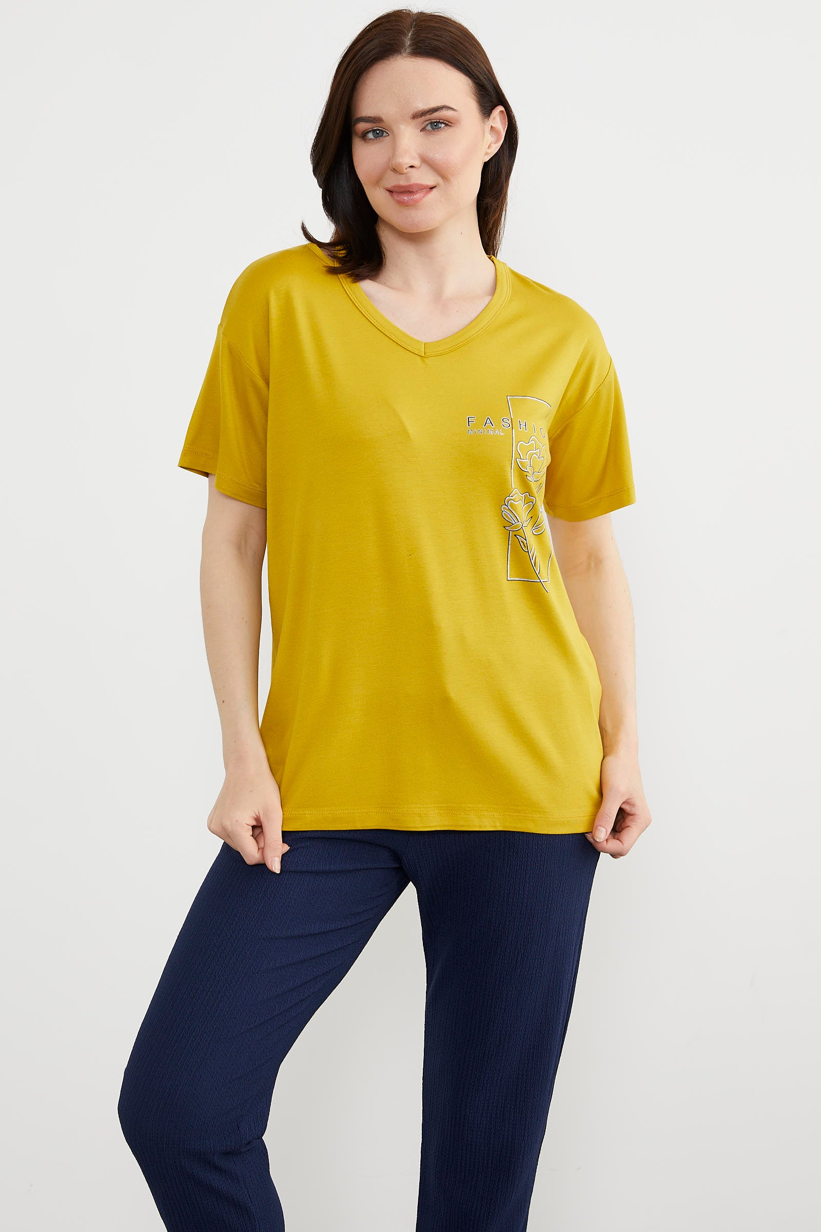 Dökümlü V Yaka Baskılı Tişört - Hardal (1) Sementa