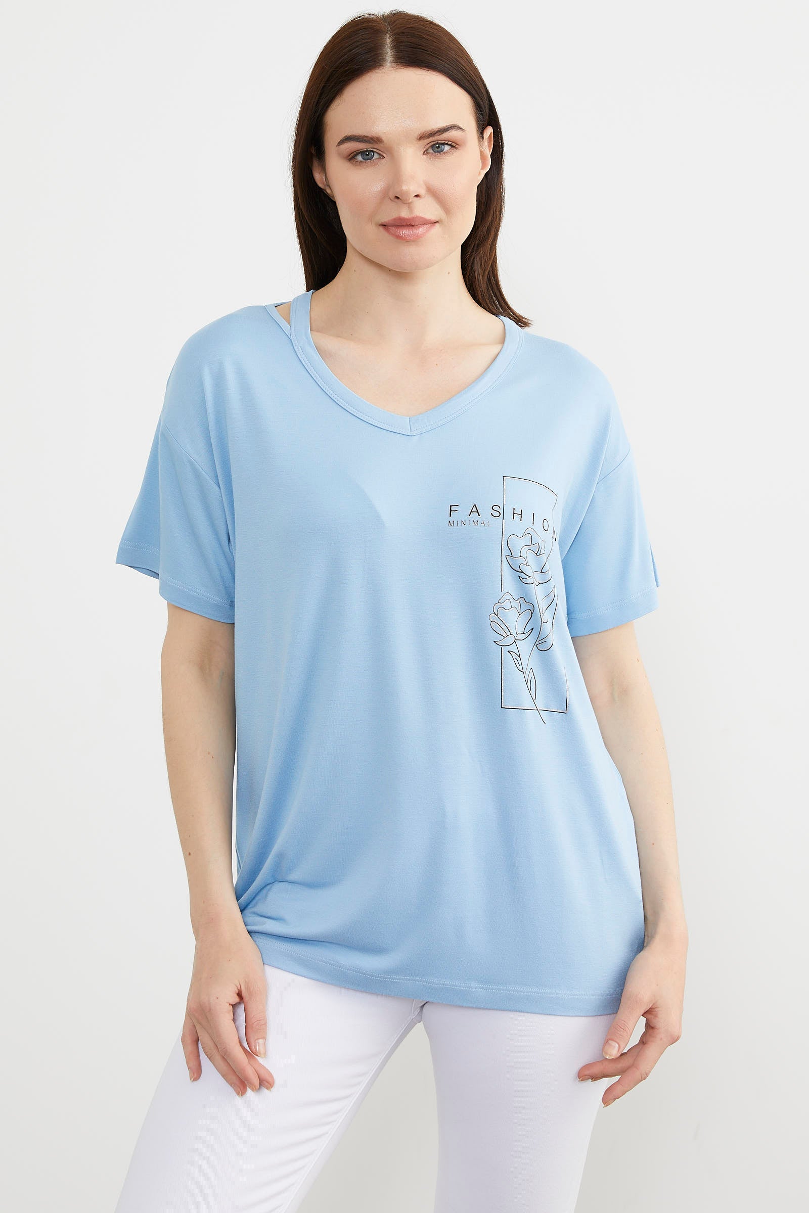 Dökümlü V Yaka Baskılı Tişört - Mavi (1) Sementa