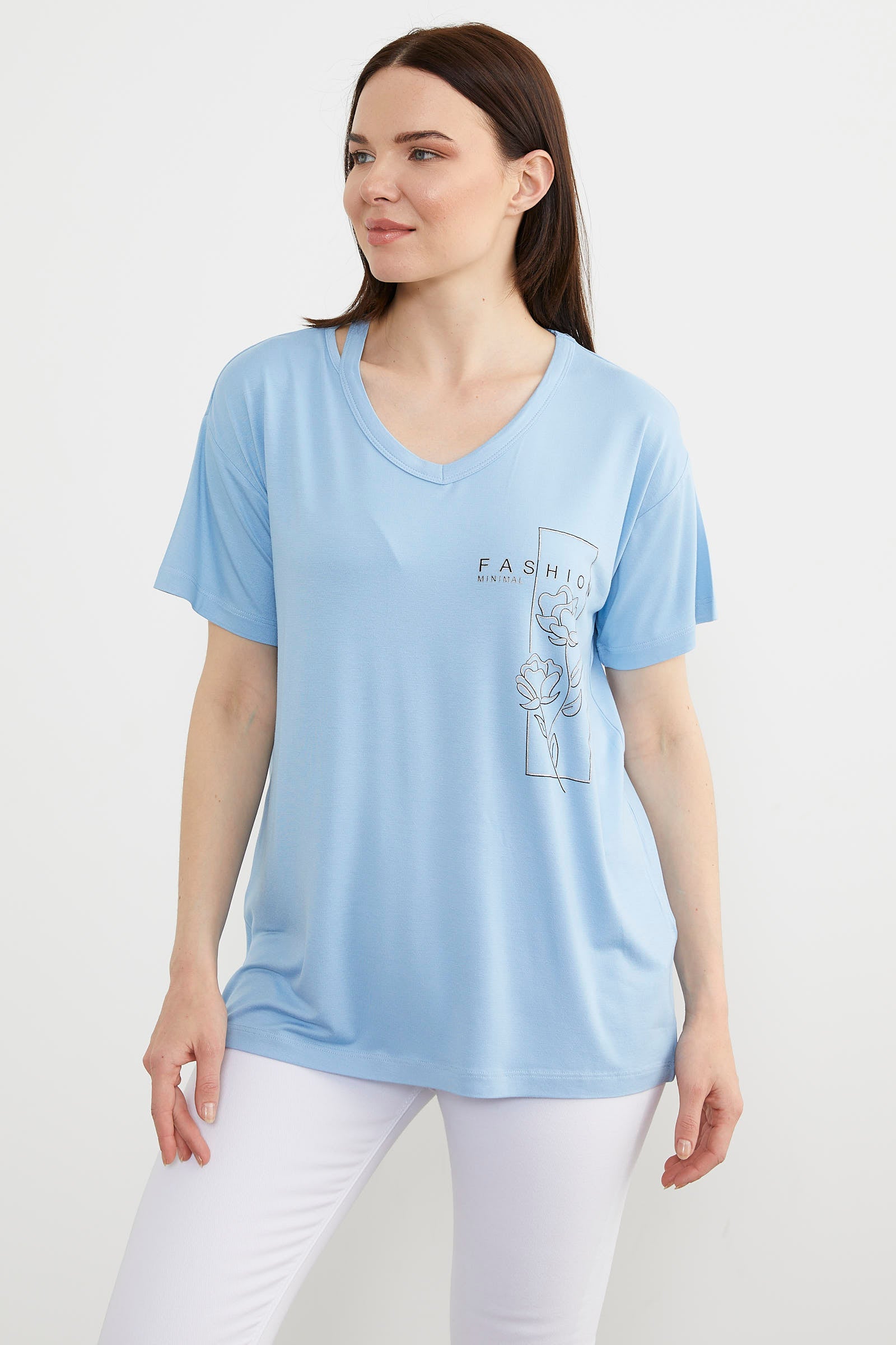Dökümlü V Yaka Baskılı Tişört - Mavi (2) Sementa
