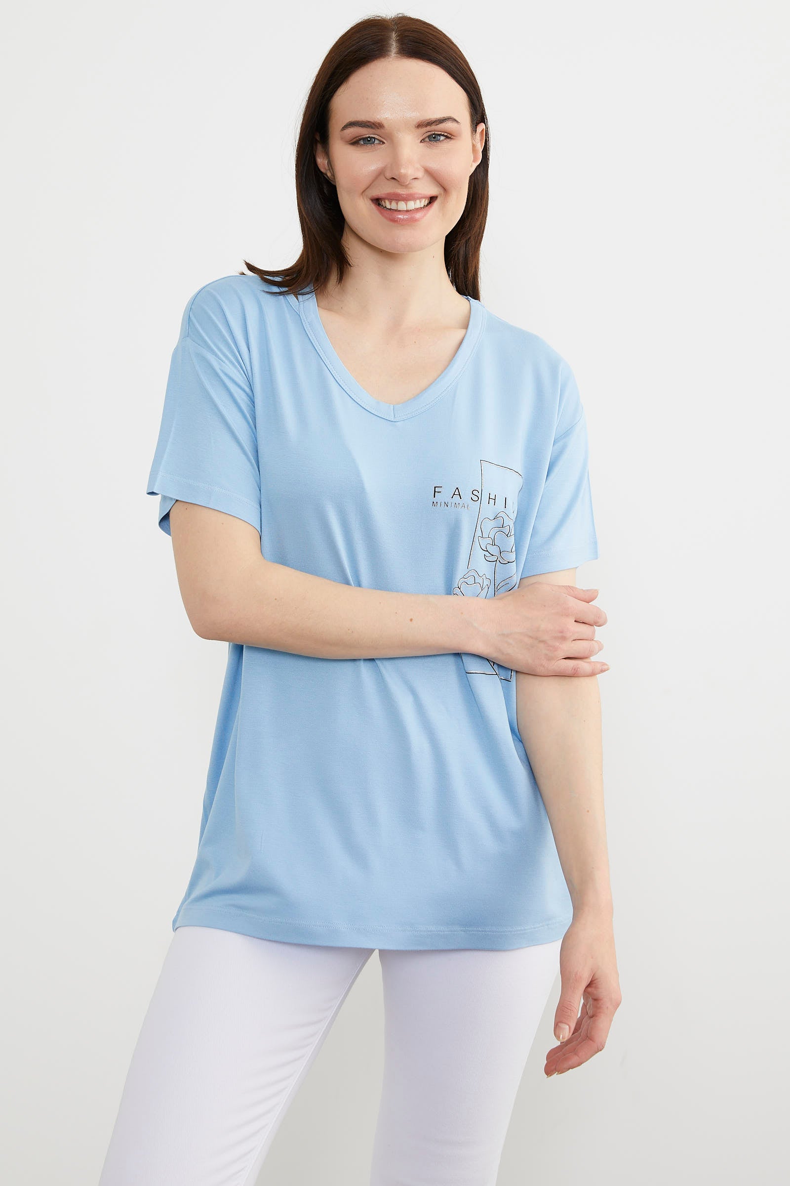 Dökümlü V Yaka Baskılı Tişört - Mavi (4) Sementa