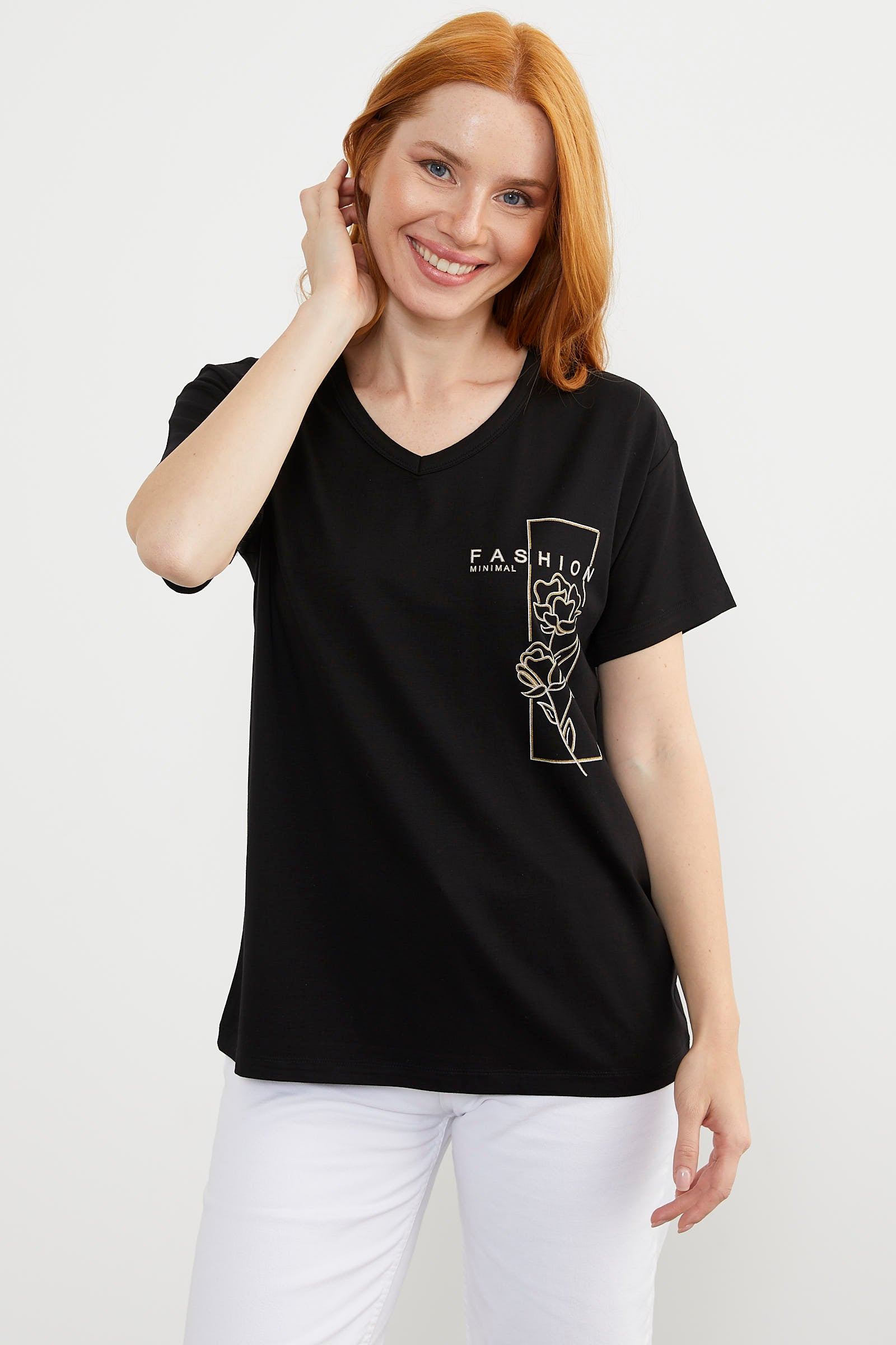 Dökümlü V Yaka Baskılı Tişört - Siyah (1) Sementa