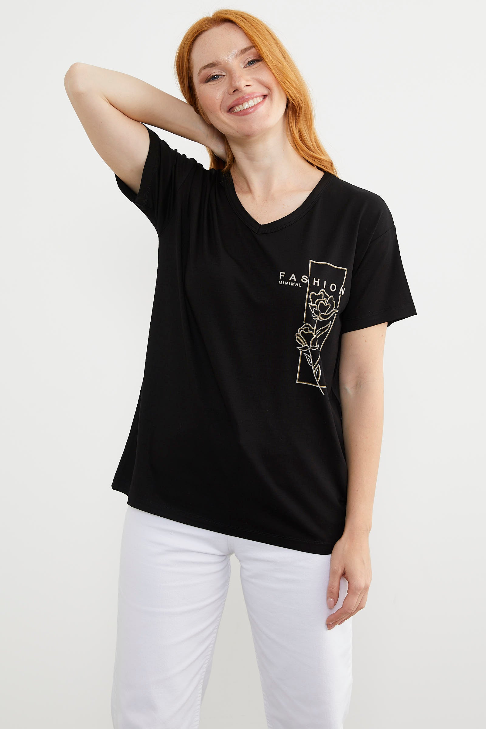 Dökümlü V Yaka Baskılı Tişört - Siyah (2) Sementa