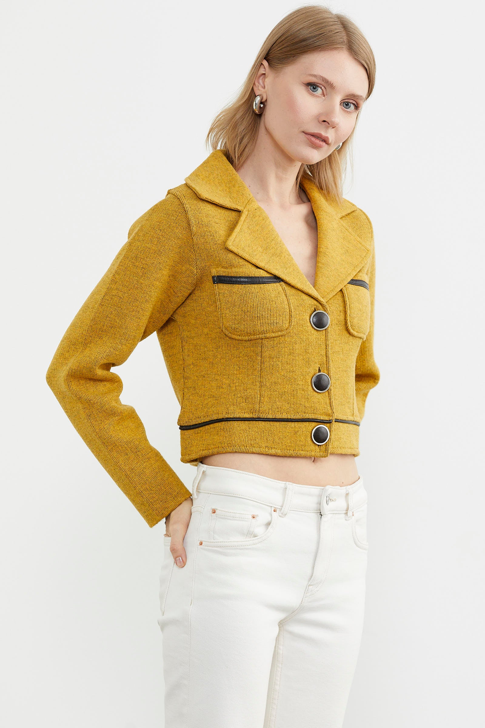 Dolu İğne Yünlü Kısa Triko Ceket - Güneş - Kahverengi (5) Sementa