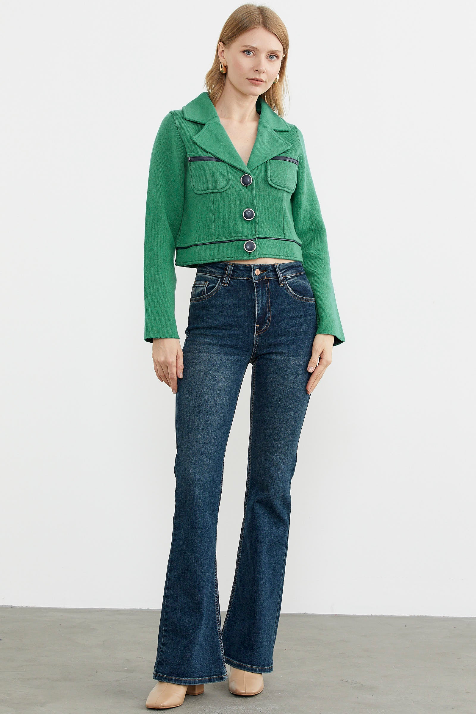 Dolu İğne Yünlü Kısa Triko Ceket - Yeşil - Lacivert (3) Sementa