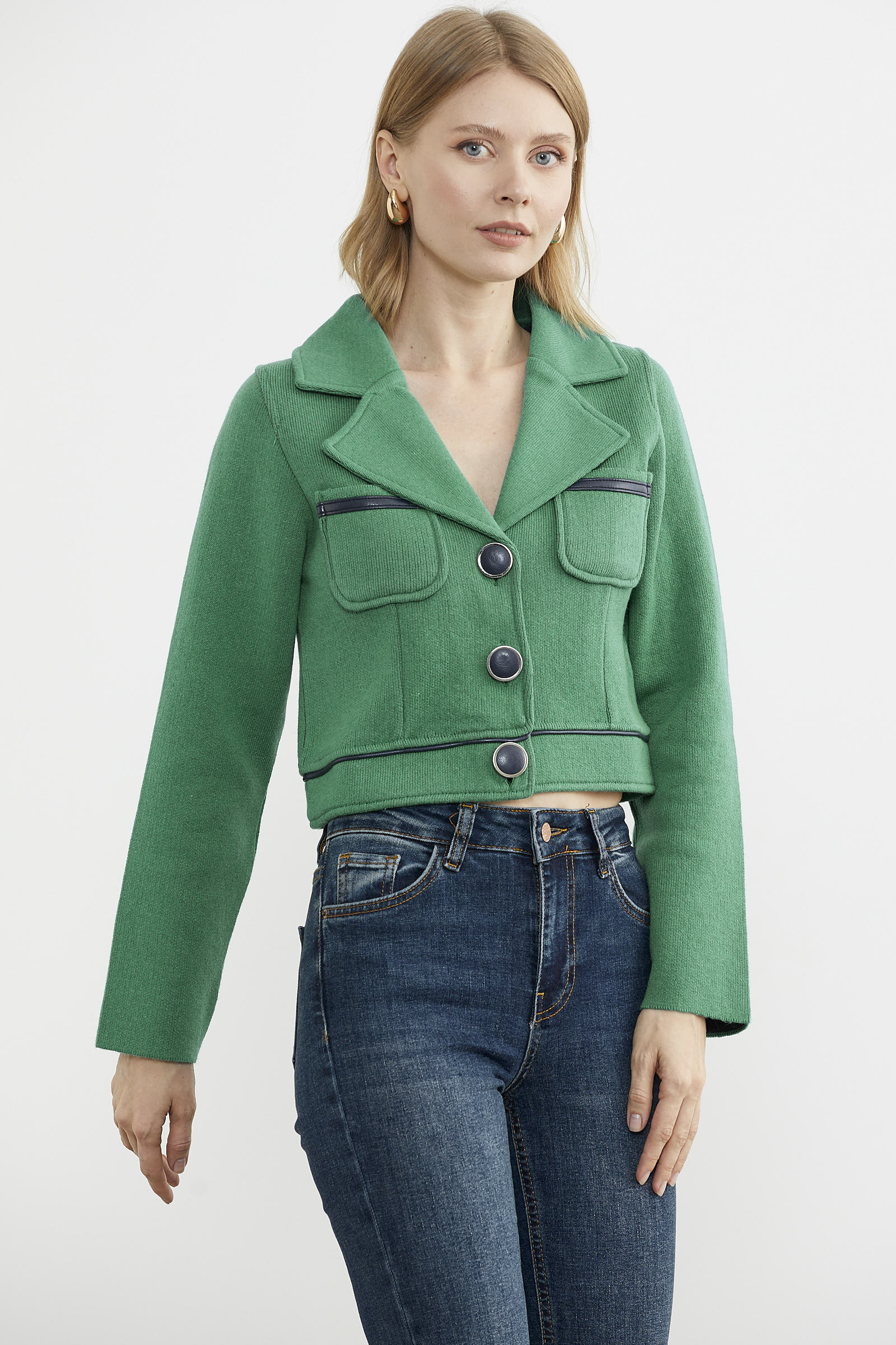 Dolu İğne Yünlü Kısa Triko Ceket - Yeşil - Lacivert (1) Sementa