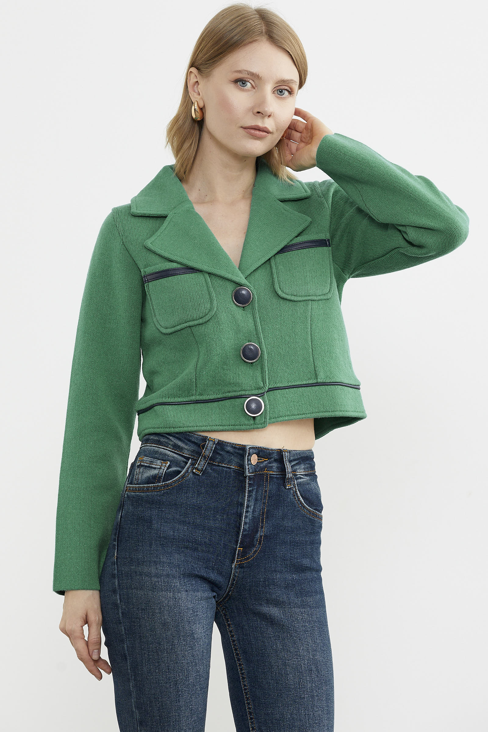 Dolu İğne Yünlü Kısa Triko Ceket - Yeşil - Lacivert (2) Sementa