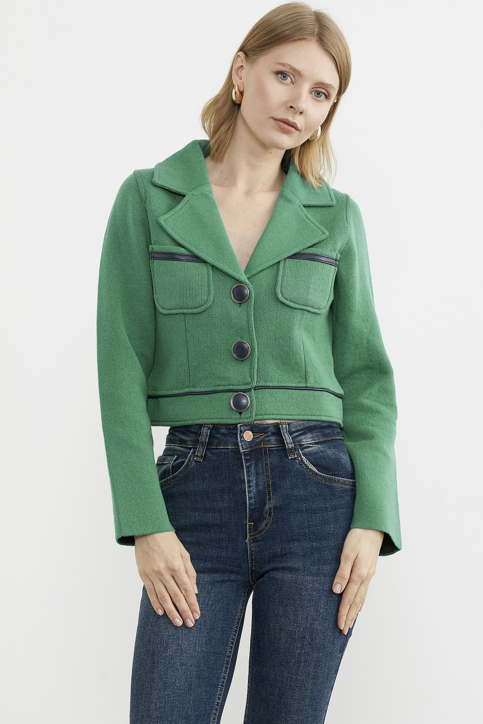 Dolu İğne Yünlü Kısa Triko Ceket - Yeşil - Lacivert (4) Sementa