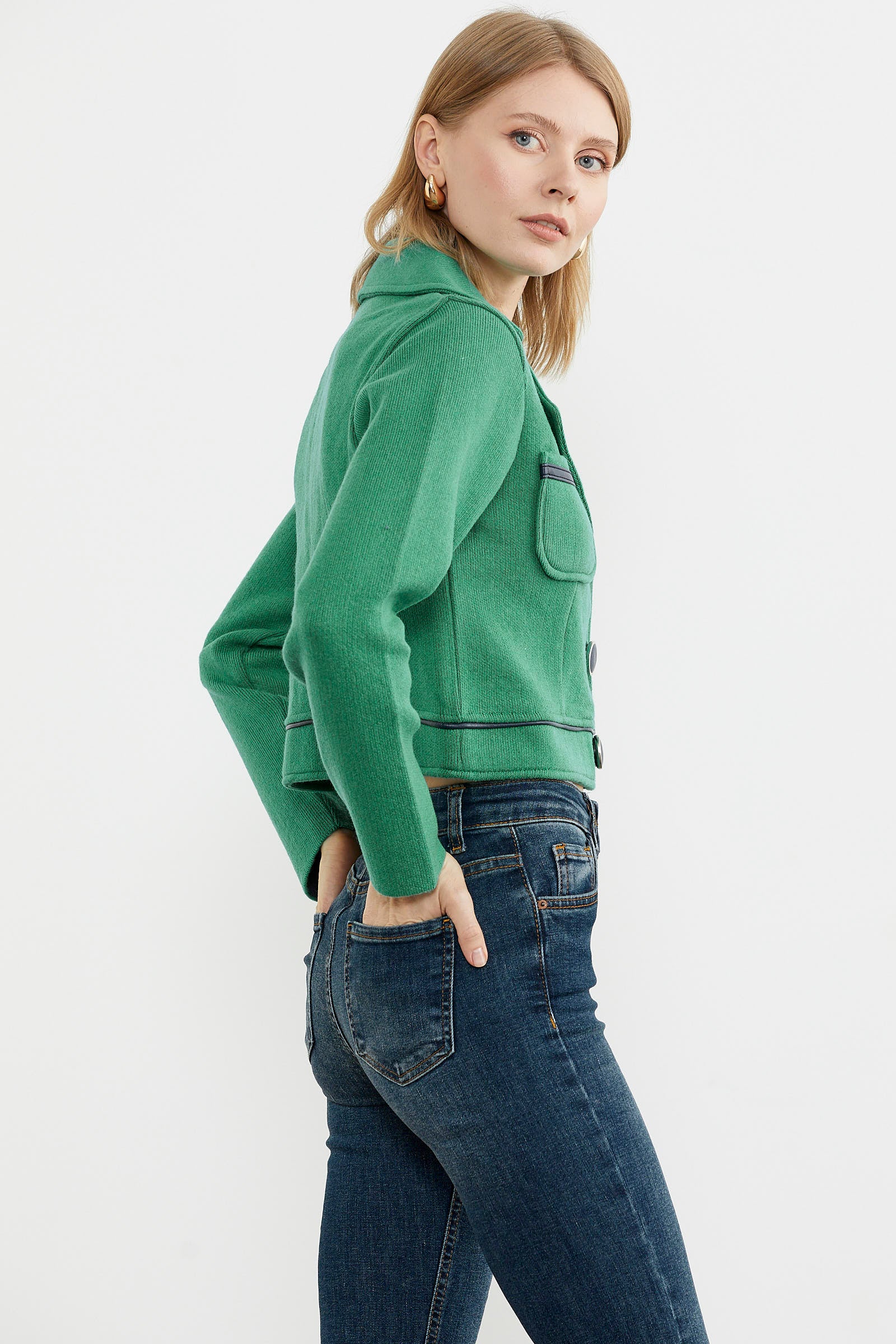 Dolu İğne Yünlü Kısa Triko Ceket - Yeşil - Lacivert (5) Sementa