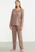 Düğme Kapamalı Rahat Kalıp Pijama Takım - Vizon - Sementa