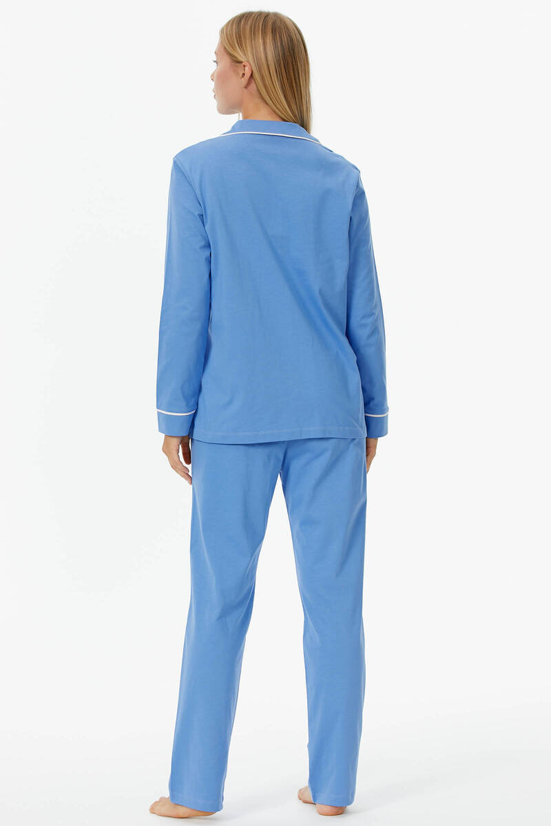 Düğmeli Gömlek Yaka Pijama - Mavi (5) Sementa