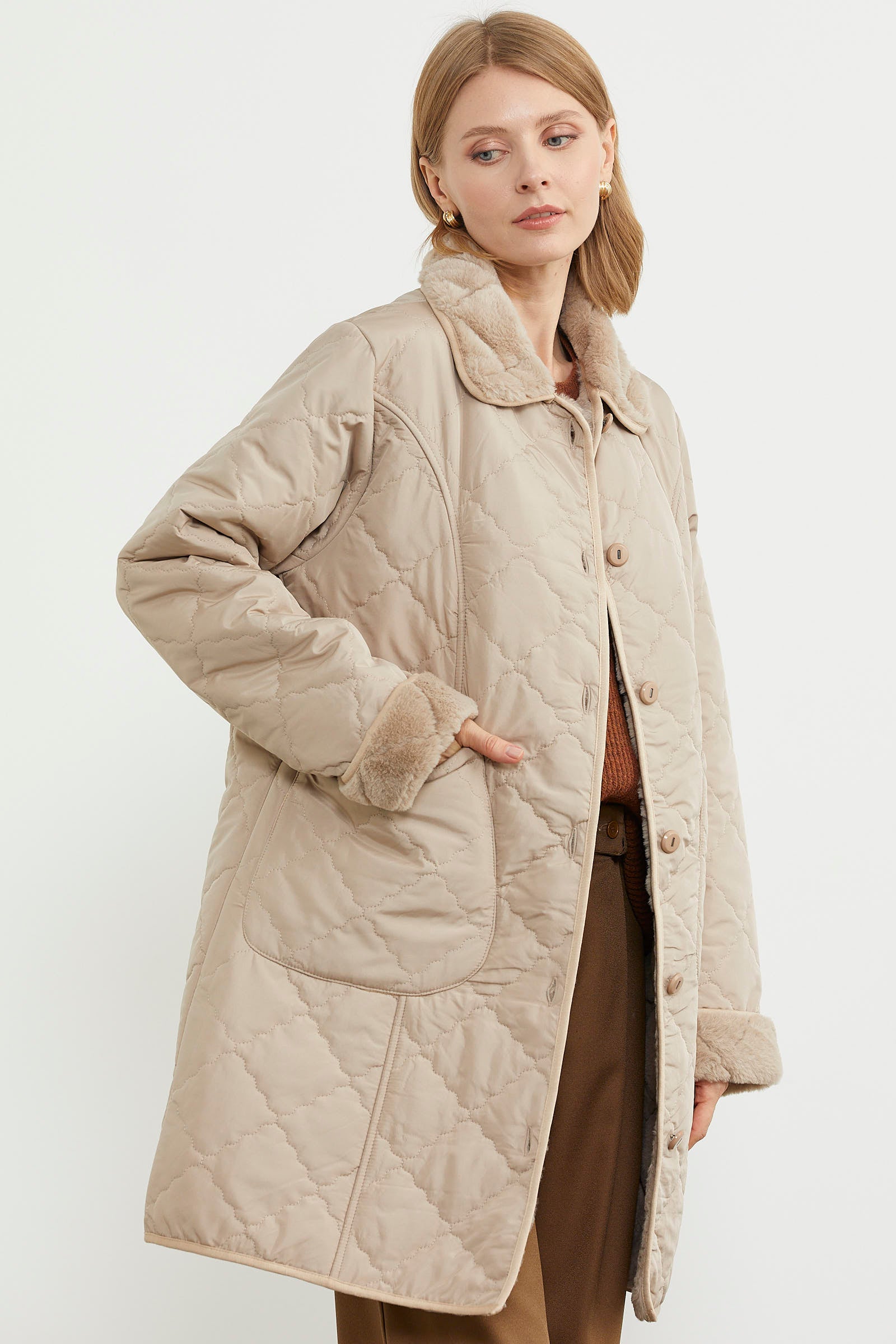 Düğmeli Kapitone İçi Peluş Mont - Açık Bej (3) Sementa