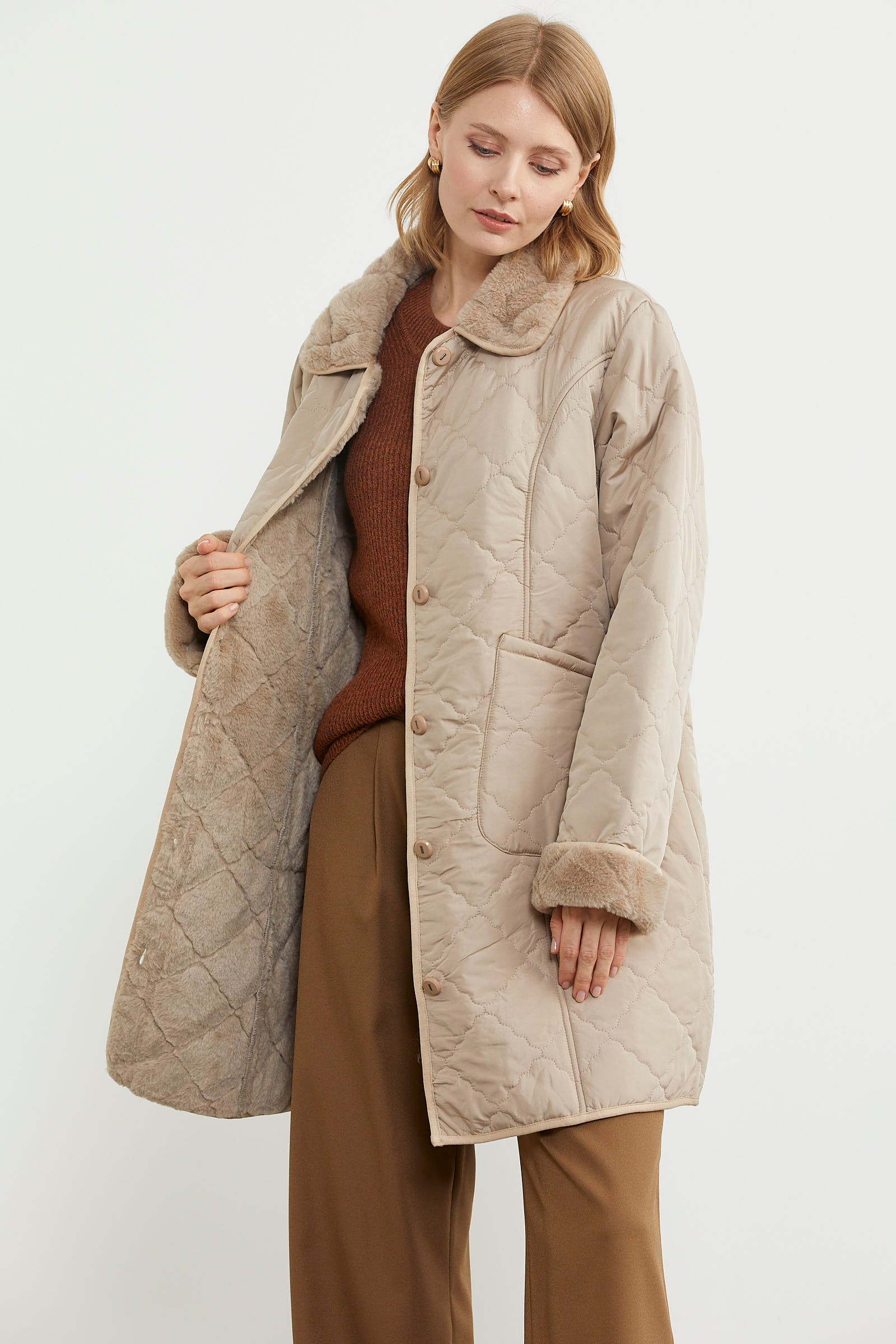 Düğmeli Kapitone İçi Peluş Mont - Açık Bej (5) Sementa