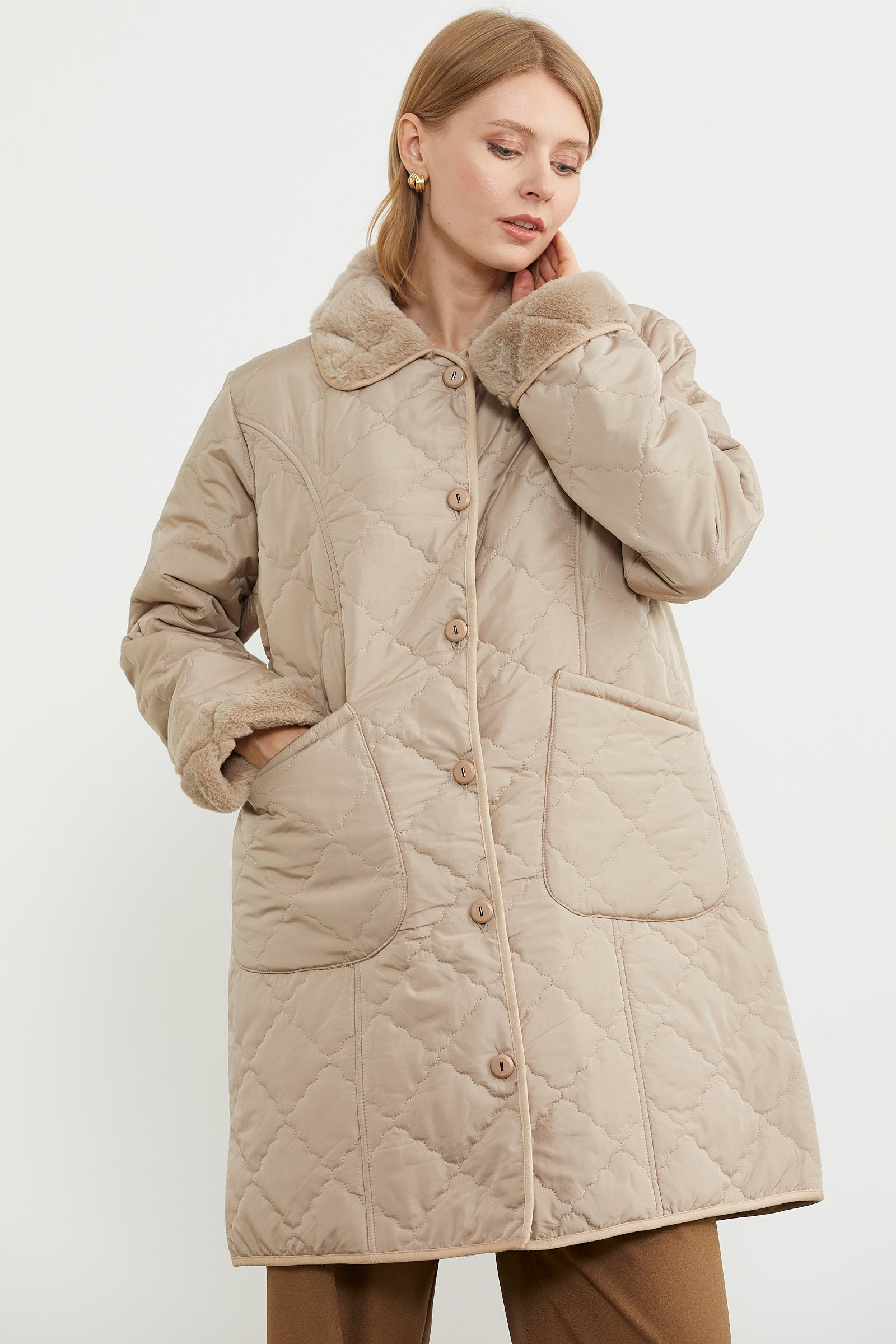 Düğmeli Kapitone İçi Peluş Mont - Açık Bej (7) Sementa