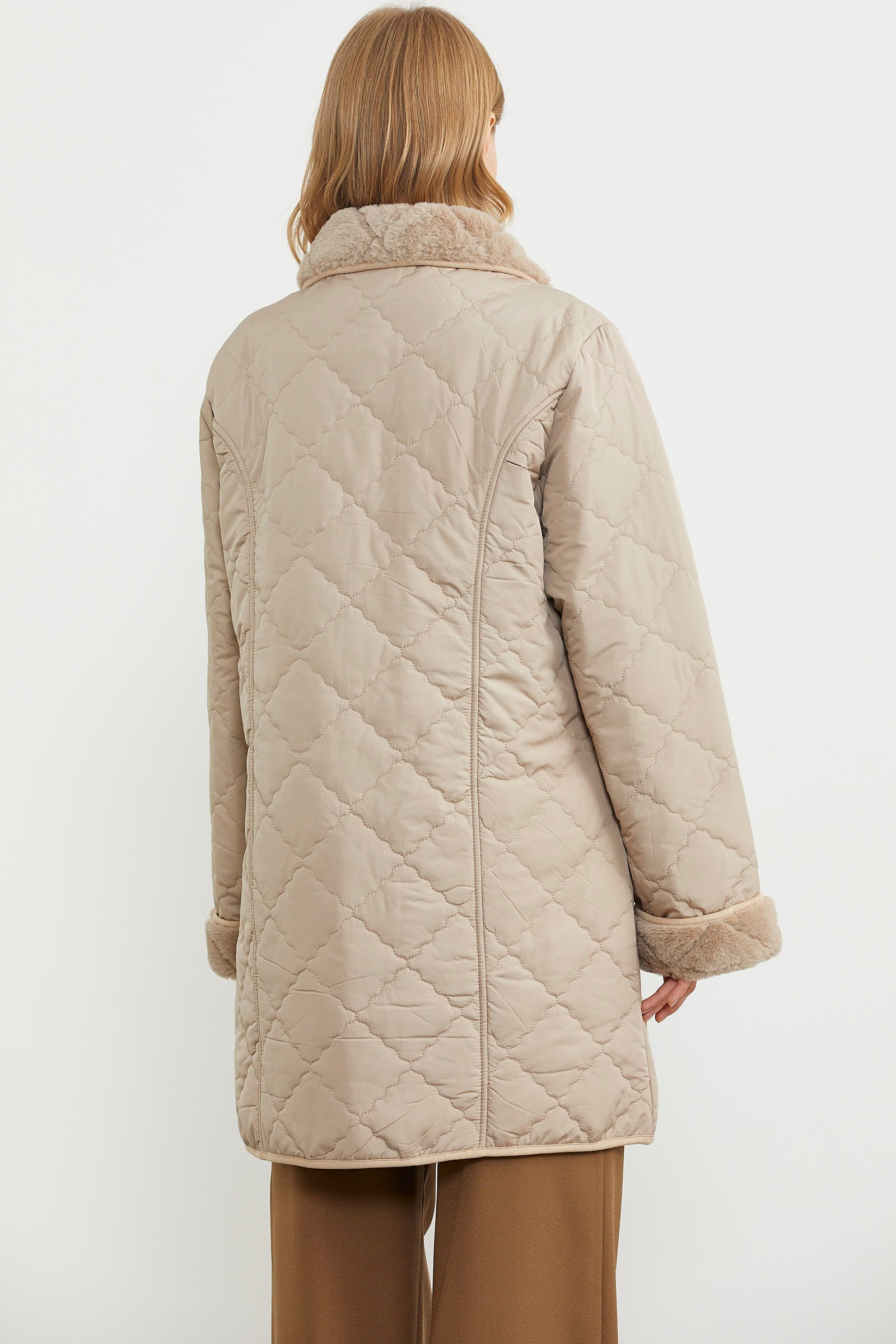 Düğmeli Kapitone İçi Peluş Mont - Açık Bej (8) Sementa