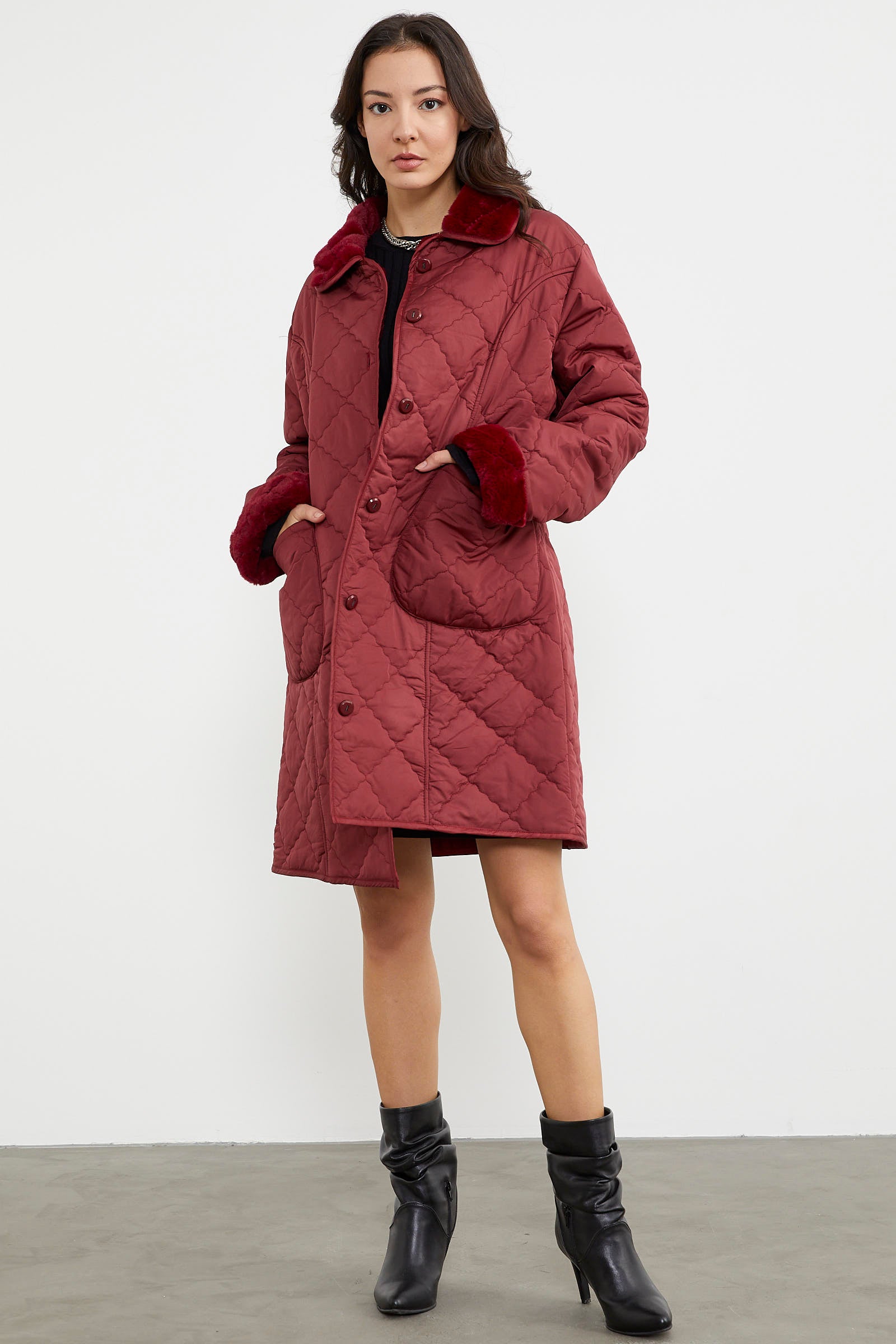 Düğmeli Kapitone İçi Peluş Mont - Bordo (2) Sementa