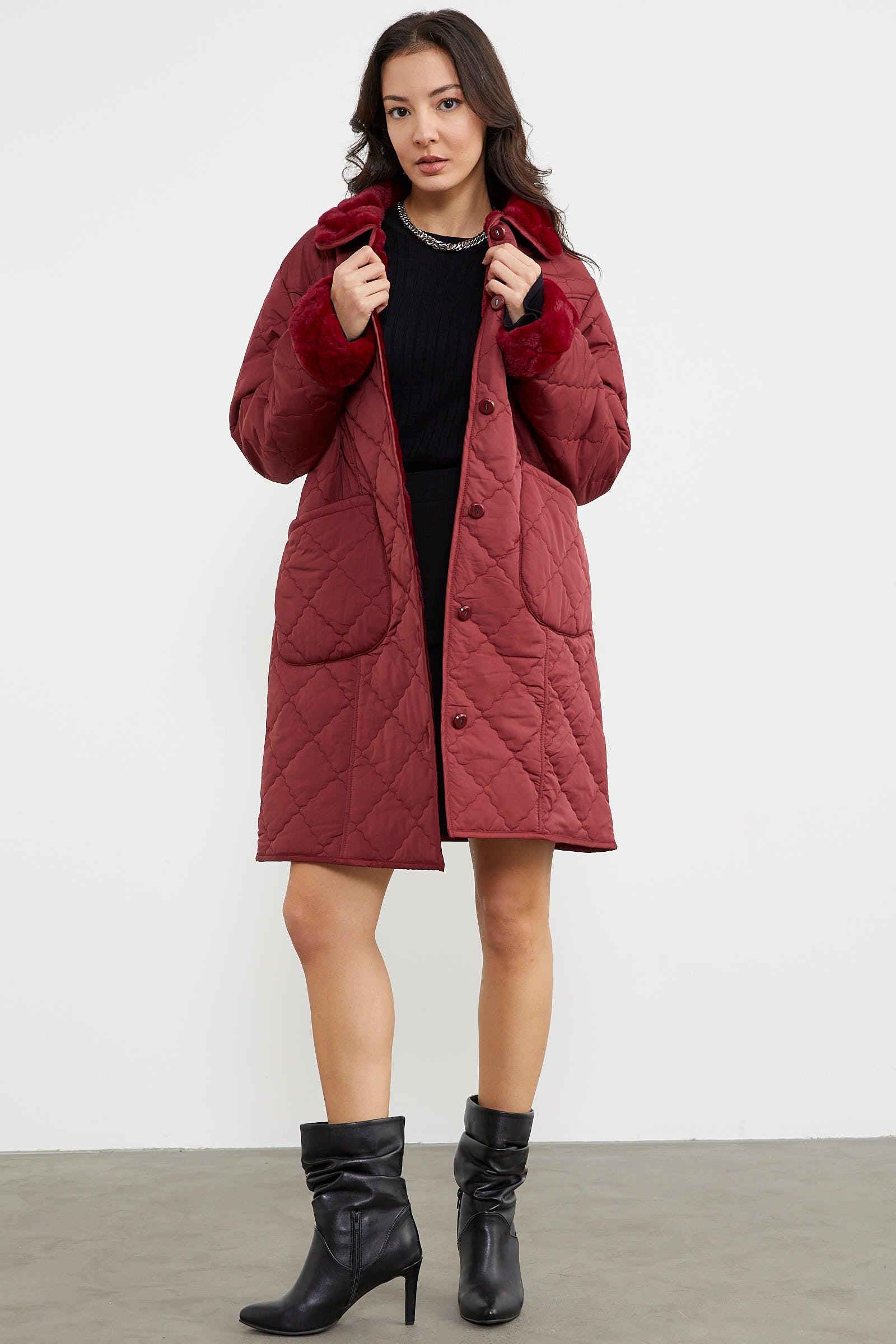 Düğmeli Kapitone İçi Peluş Mont - Bordo (1) Sementa