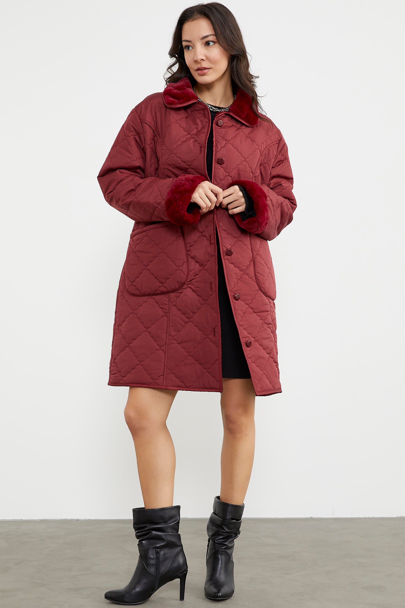 Düğmeli Kapitone İçi Peluş Mont - Bordo (3) Sementa