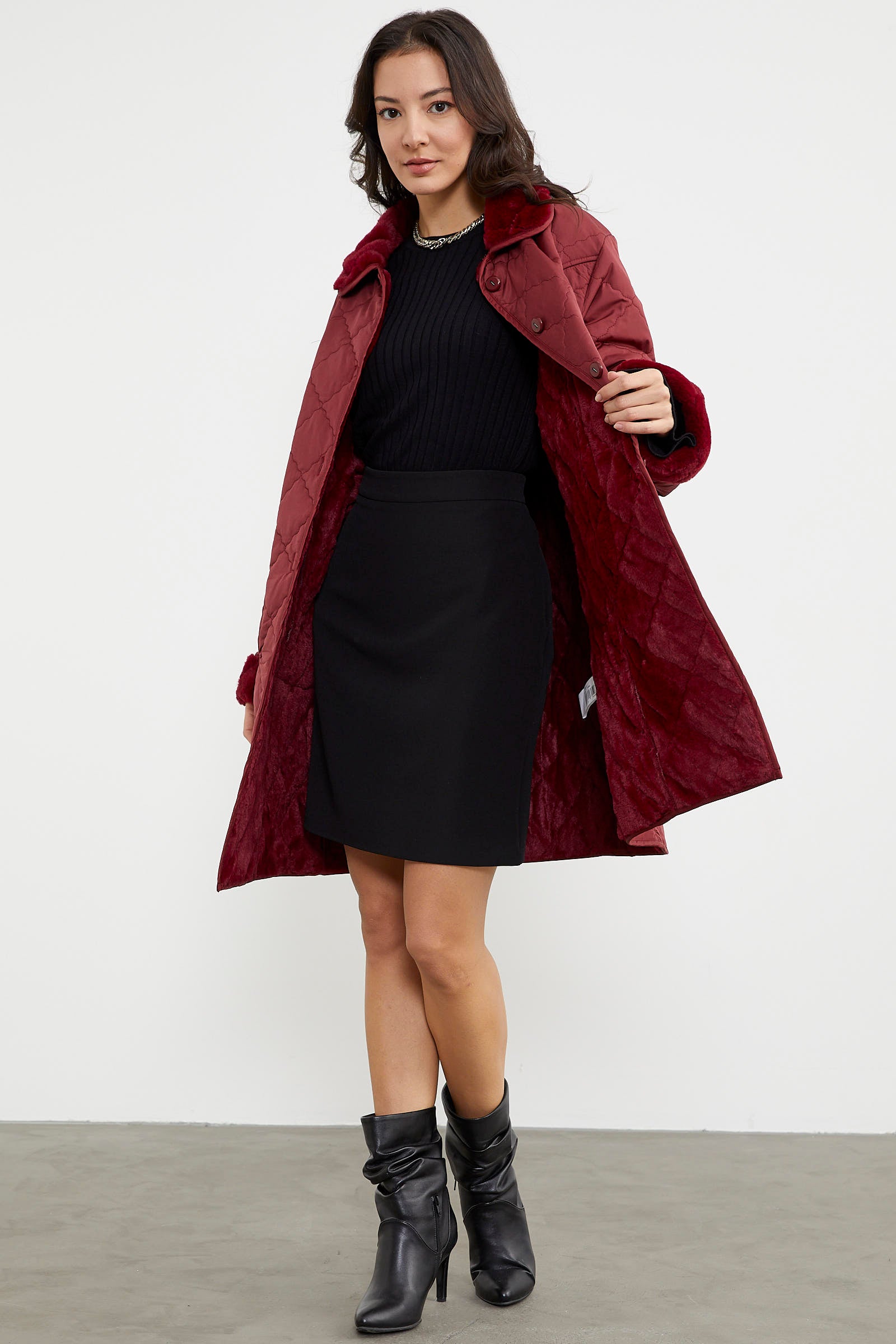 Düğmeli Kapitone İçi Peluş Mont - Bordo (4) Sementa