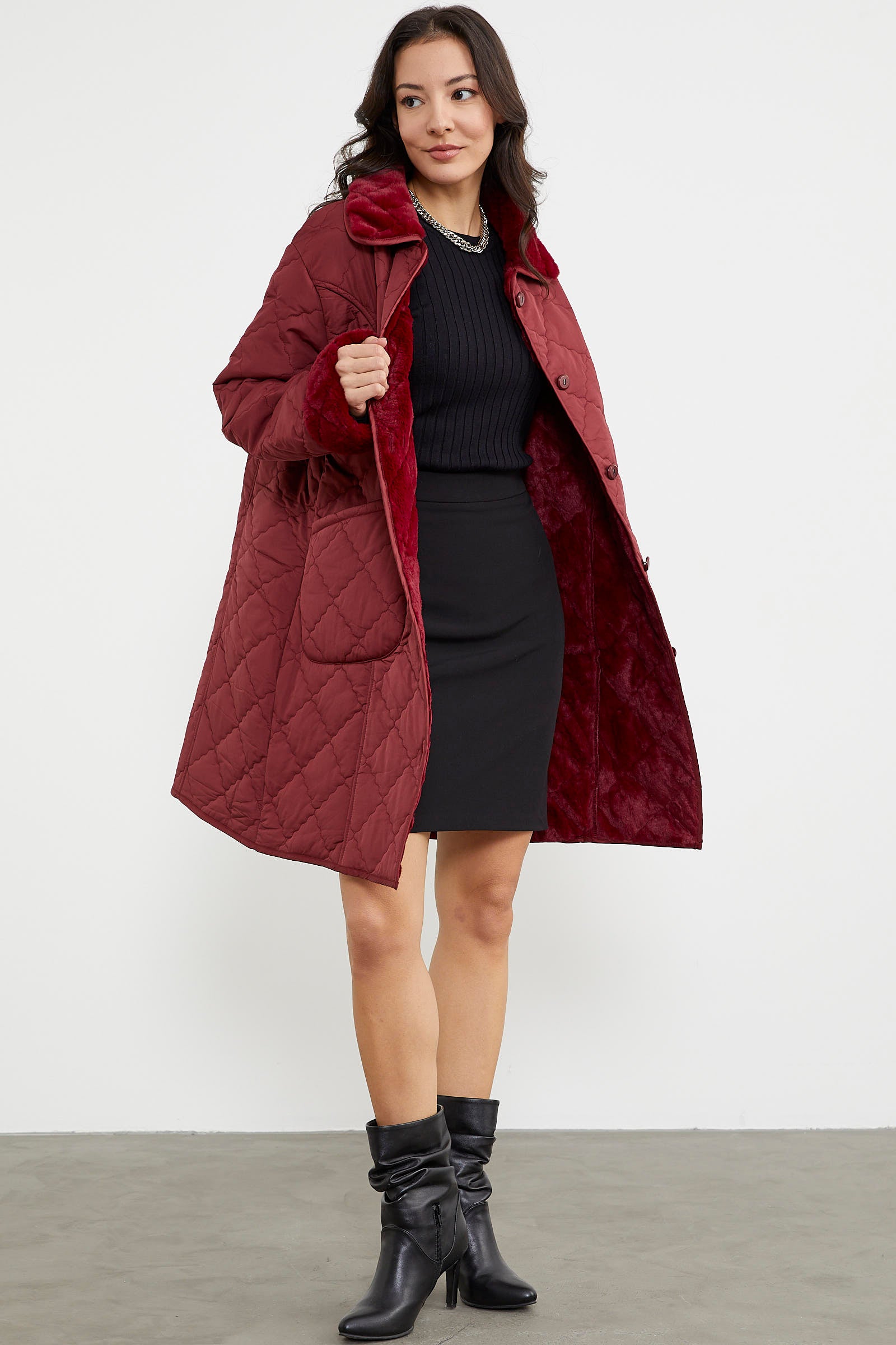 Düğmeli Kapitone İçi Peluş Mont - Bordo (5) Sementa