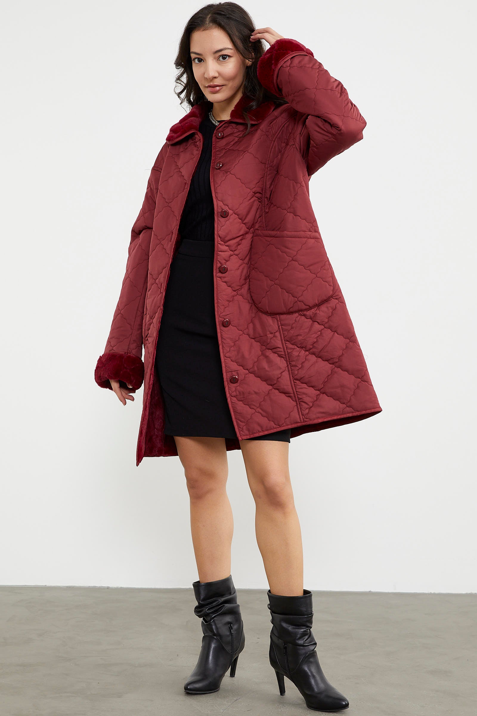 Düğmeli Kapitone İçi Peluş Mont - Bordo (6) Sementa