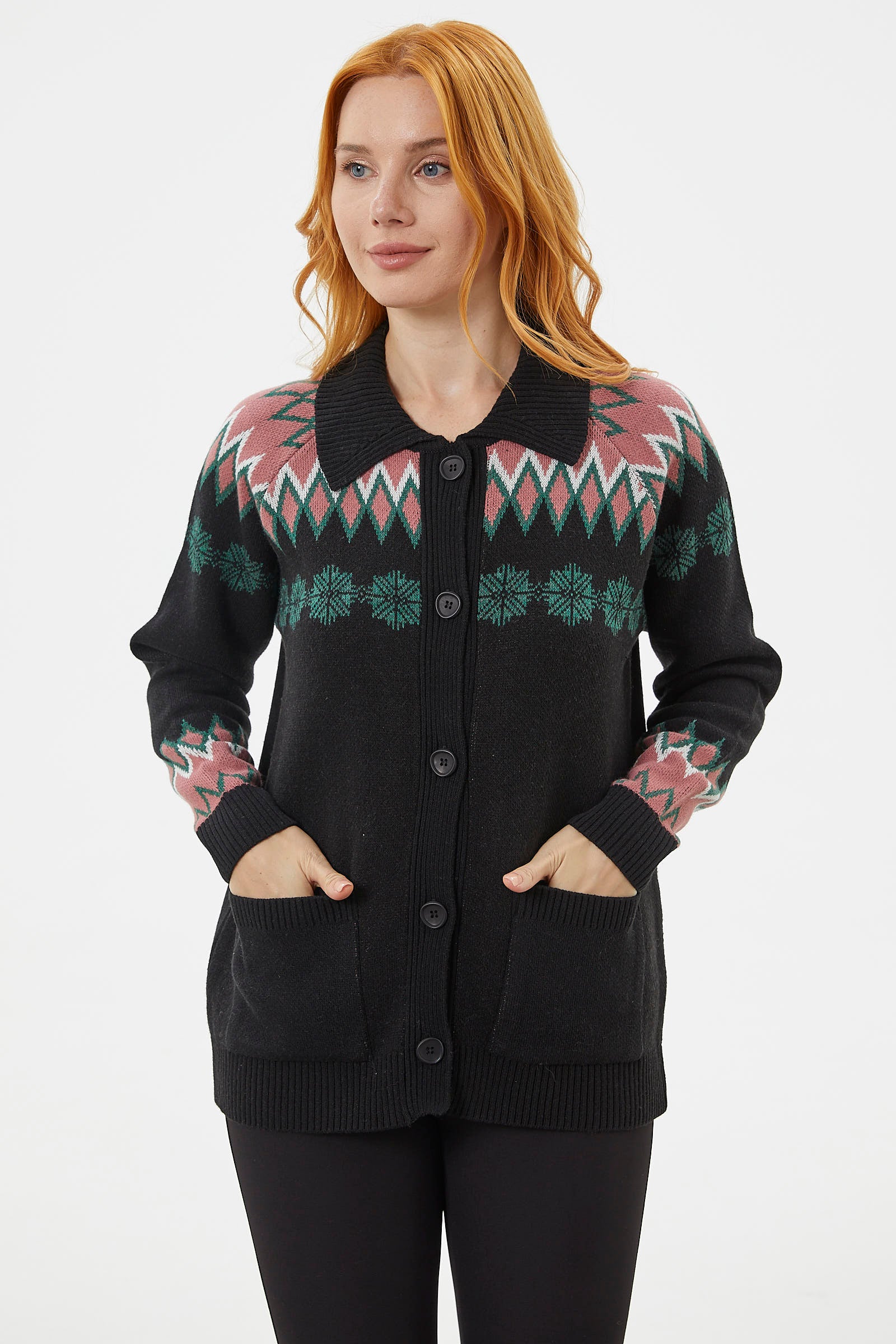 Düğmeli Kar Tanesi Desenli Triko Hırka - Siyah (4) Sementa