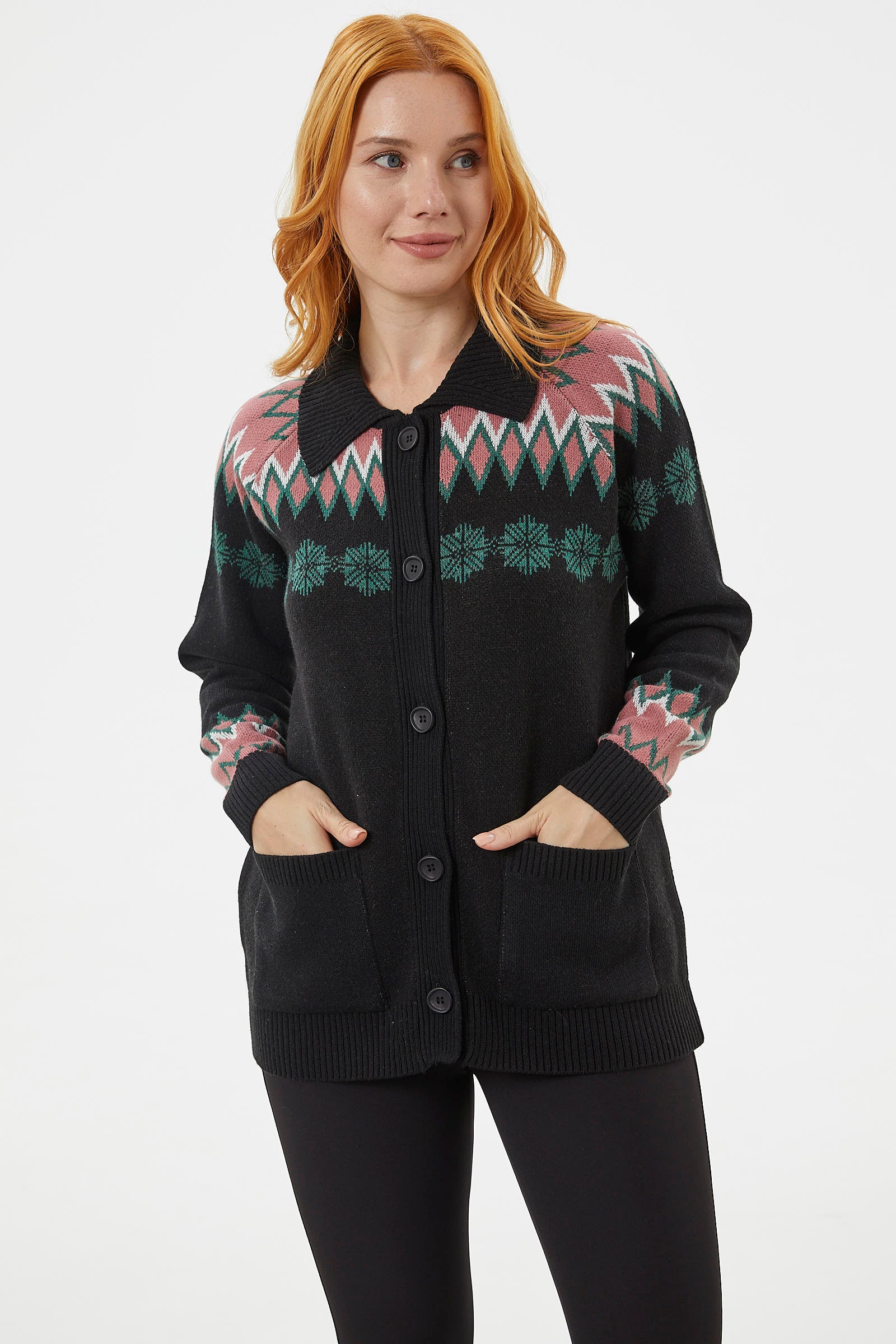 Düğmeli Kar Tanesi Desenli Triko Hırka - Siyah (2) Sementa