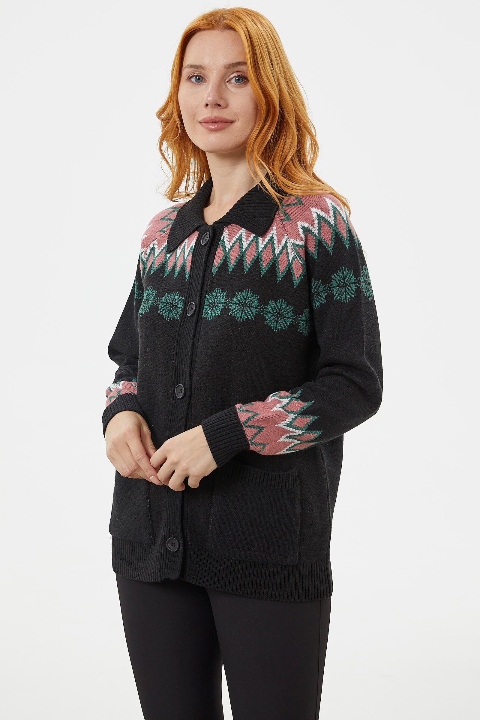 Düğmeli Kar Tanesi Desenli Triko Hırka - Siyah (3) Sementa