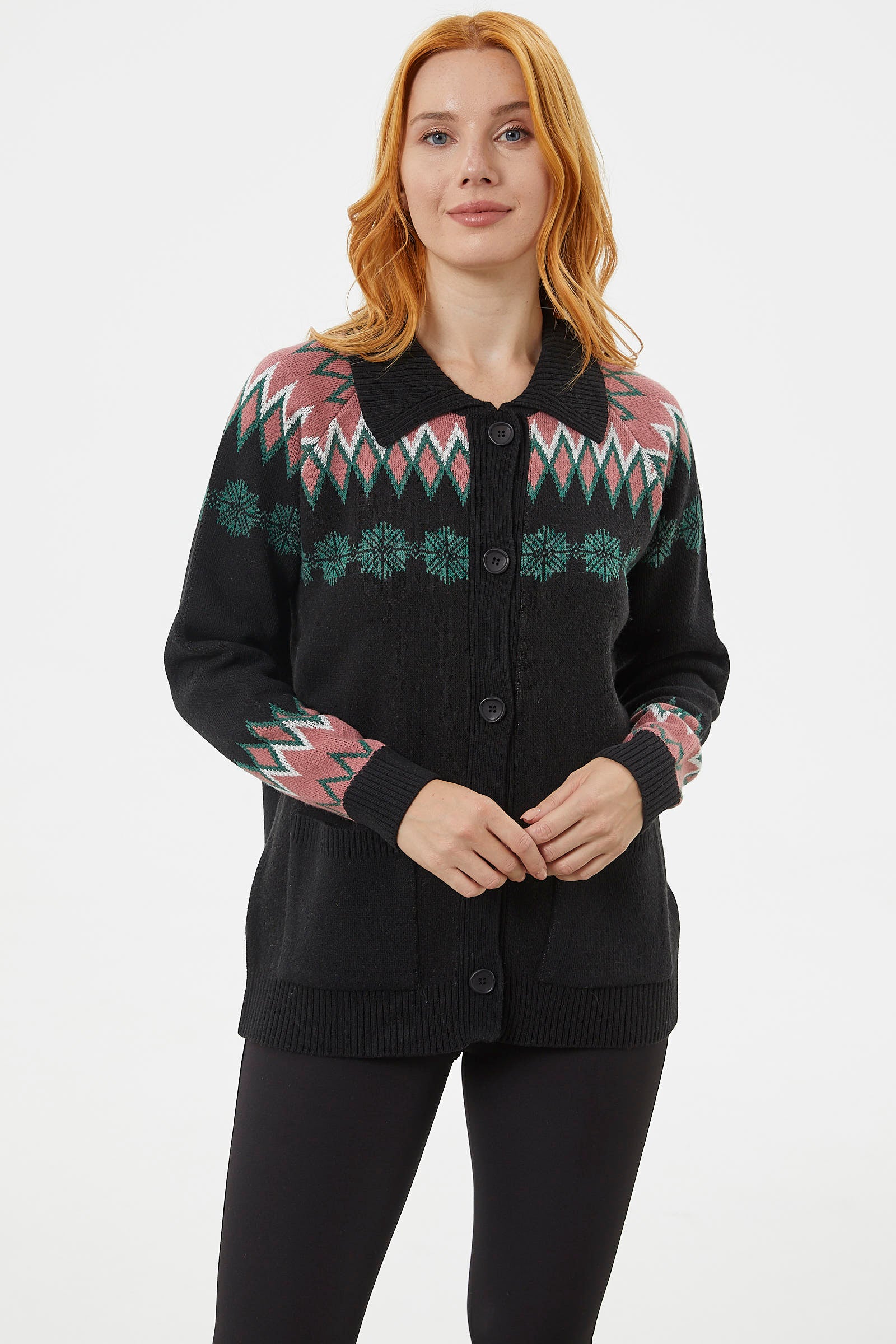 Düğmeli Kar Tanesi Desenli Triko Hırka - Siyah (1) Sementa