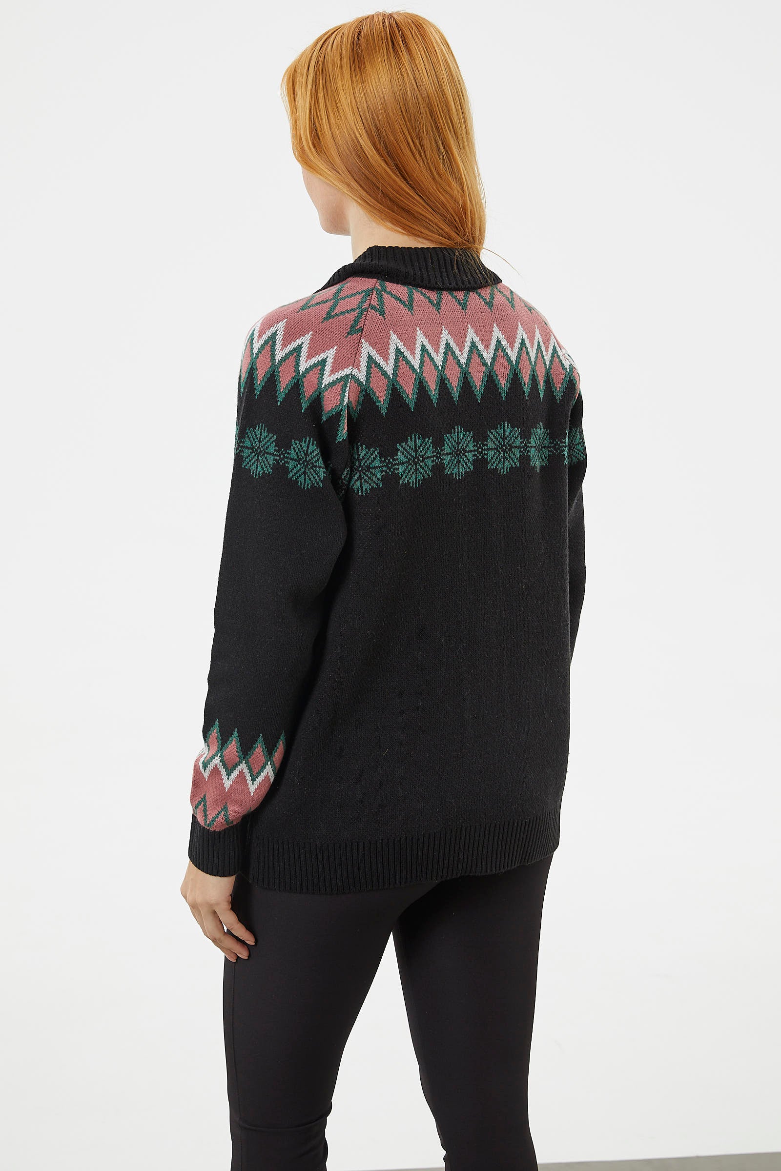 Düğmeli Kar Tanesi Desenli Triko Hırka - Siyah (5) Sementa