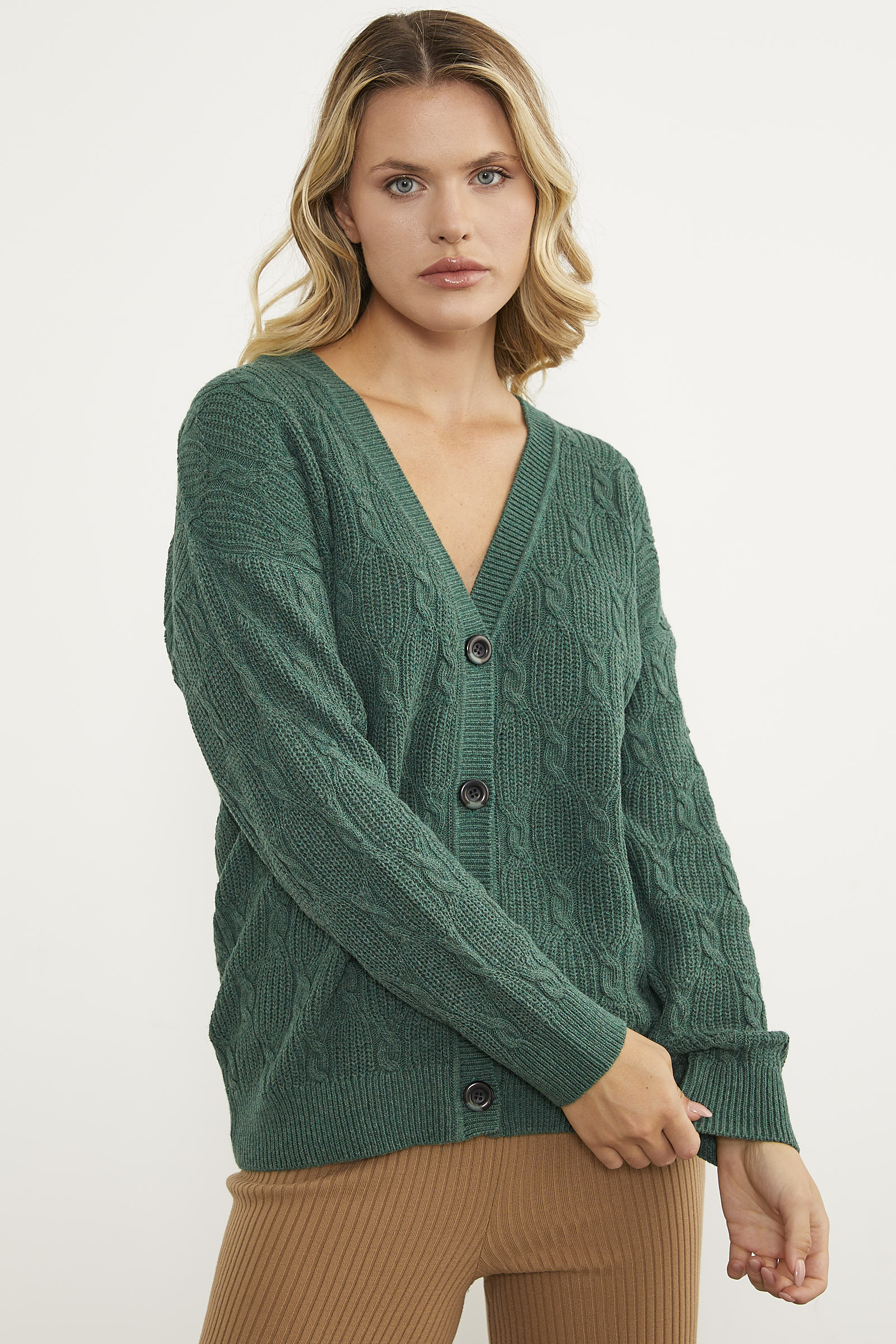 Düğmeli Saç Örgü Triko Hırka - Yeşil (3) Sementa