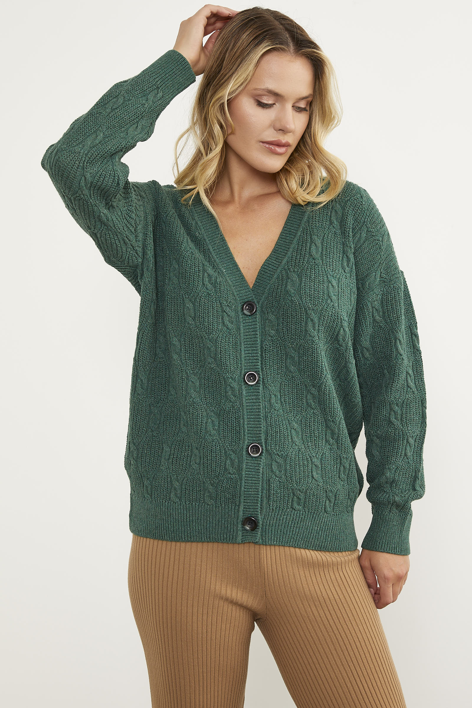 Düğmeli Saç Örgü Triko Hırka - Yeşil (7) Sementa