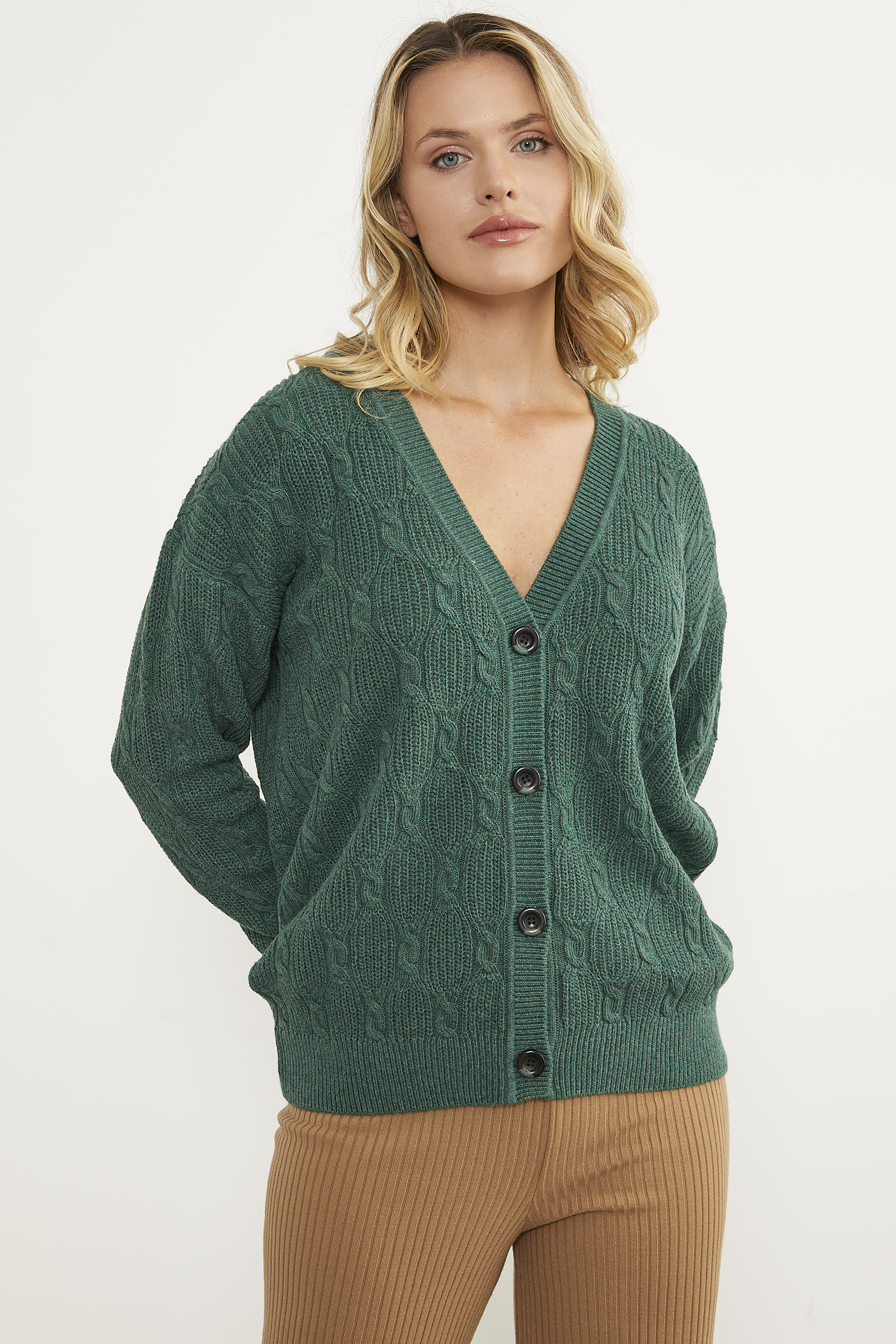 Düğmeli Saç Örgü Triko Hırka - Yeşil (1) Sementa