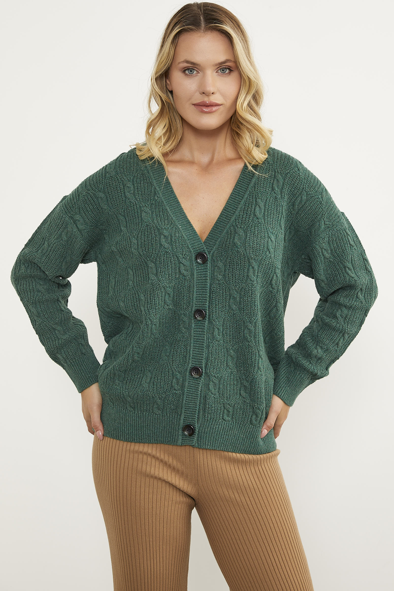 Düğmeli Saç Örgü Triko Hırka - Yeşil (2) Sementa