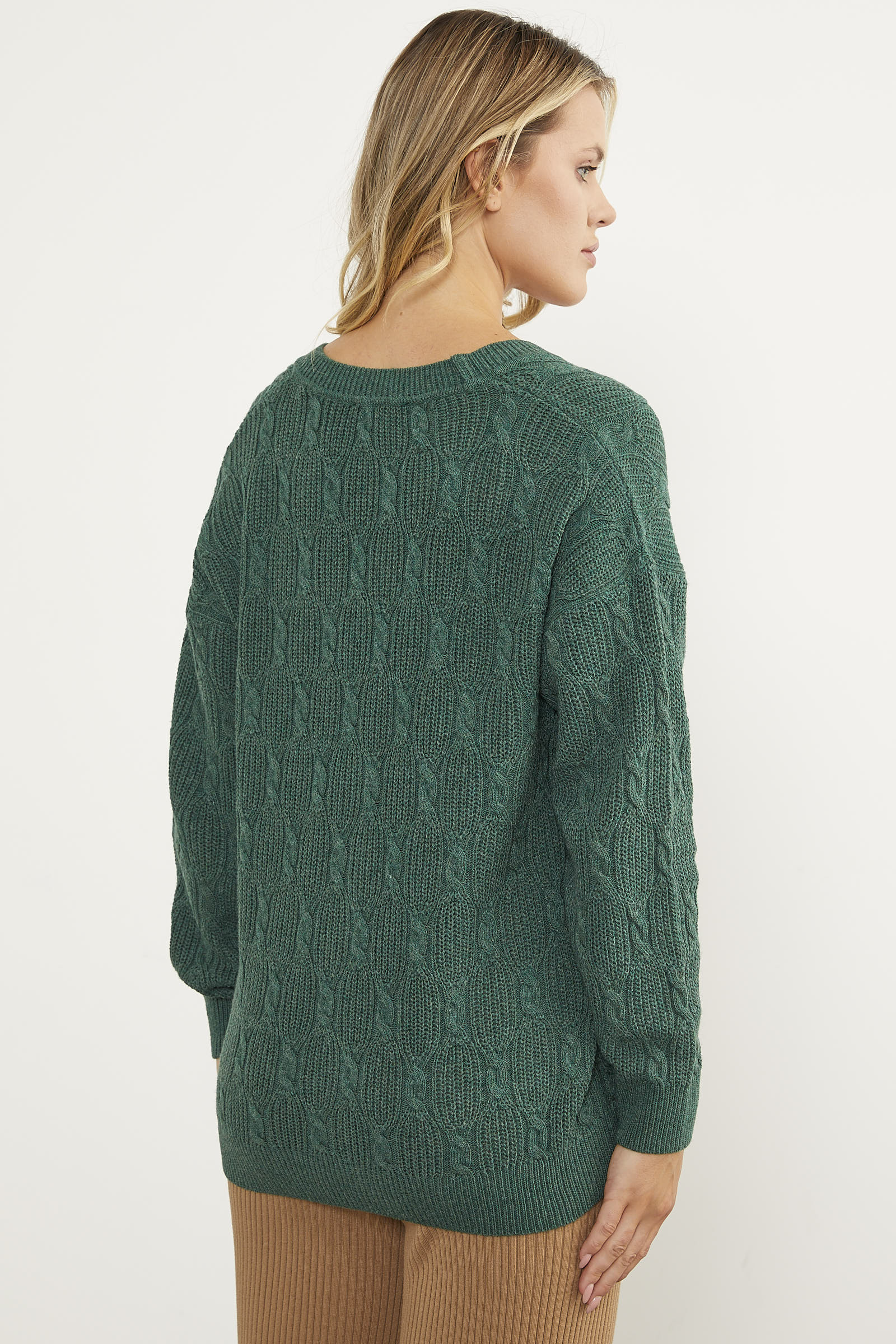 Düğmeli Saç Örgü Triko Hırka - Yeşil (8) Sementa