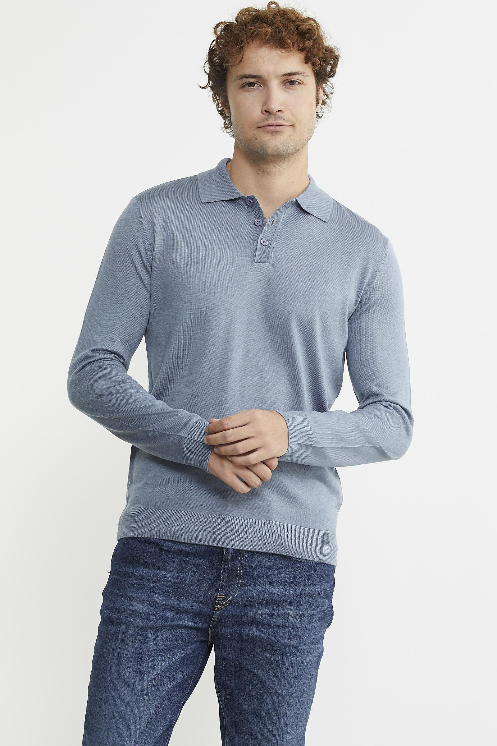 Erkek Polo Yaka Triko Kazak - Mavi - Sementa