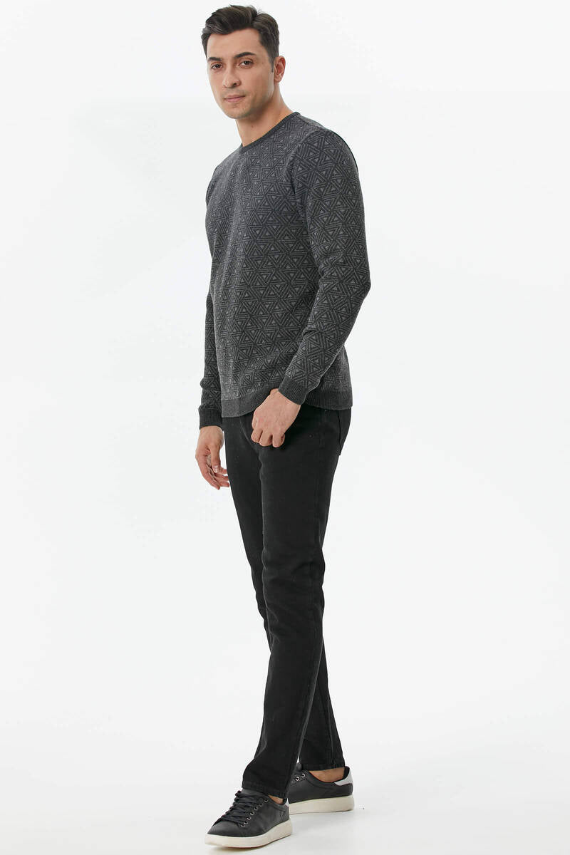Erkek Sıfır Yaka Desenli Triko Kazak - Antrasit (5) Sementa