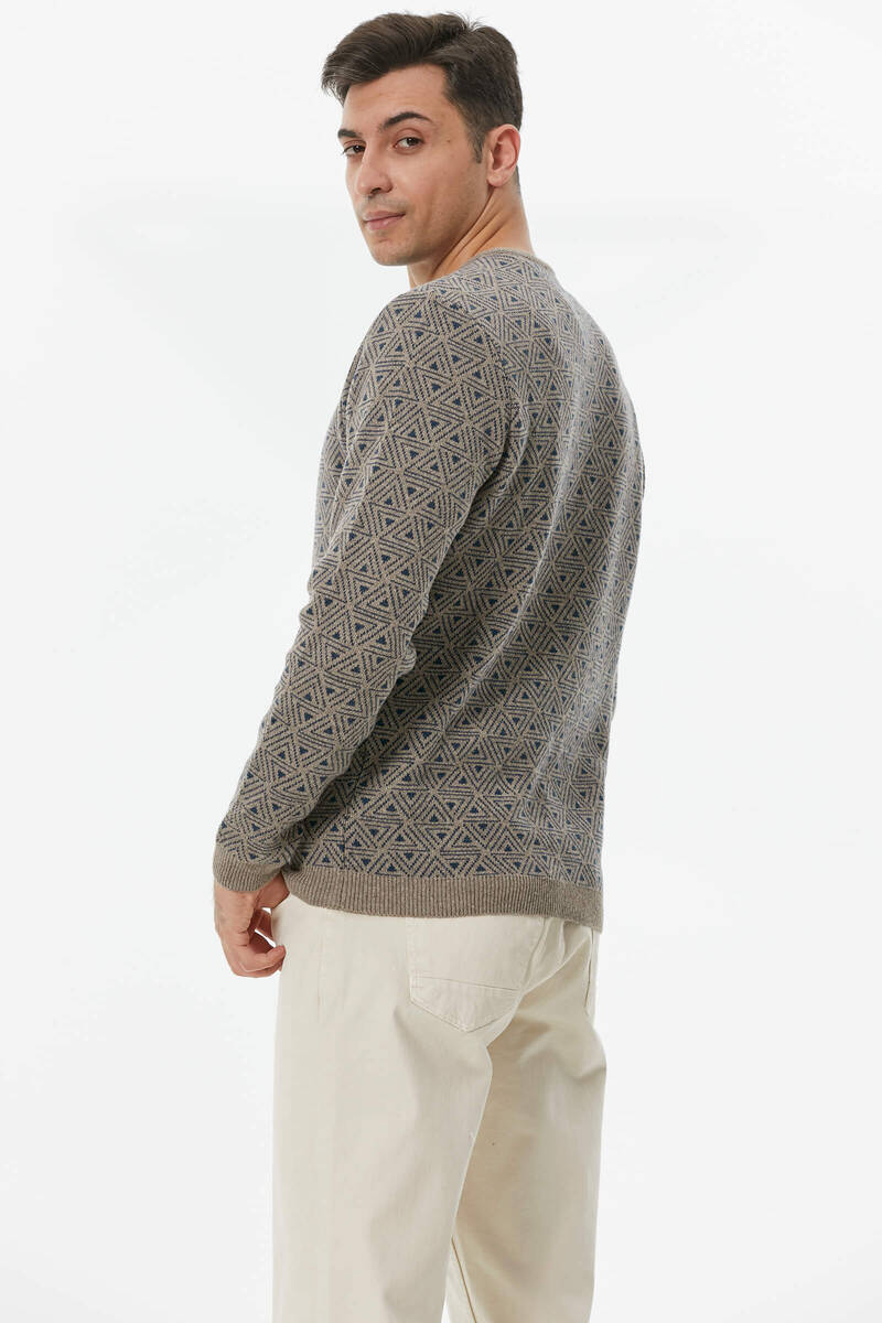 Erkek Sıfır Yaka Desenli Triko Kazak - Sütlü Kahve (5) Sementa