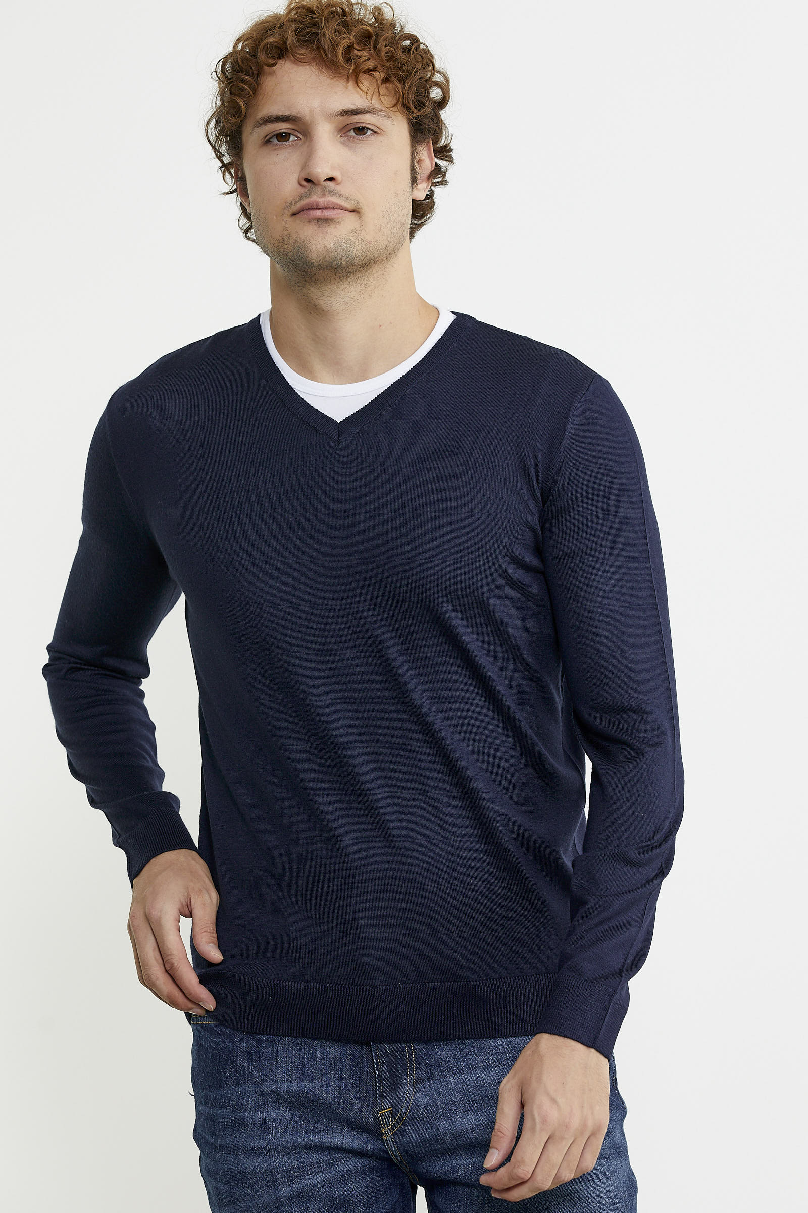 ニット+セーター ponpon PPP cutting V knit navy Men's V Neck Basic Knitwear Sweater - Navy Blue – SEMENTA