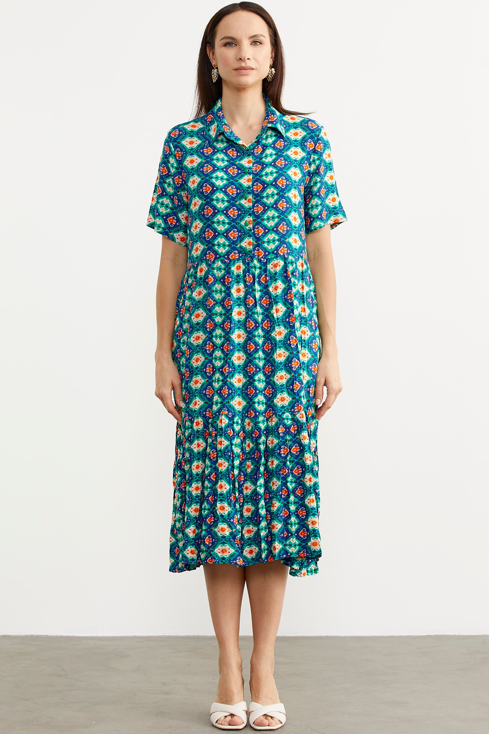 Etnik Desenli Rahat Kalıp Gömlek Elbise - Yeşil (2) Sementa