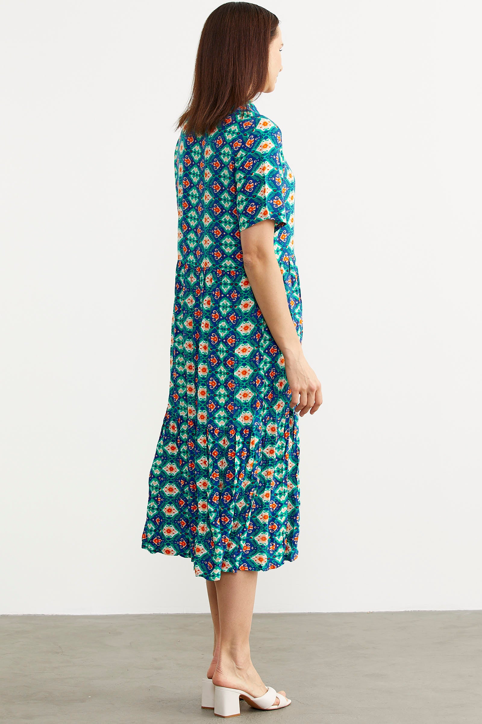 Etnik Desenli Rahat Kalıp Gömlek Elbise - Yeşil (5) Sementa