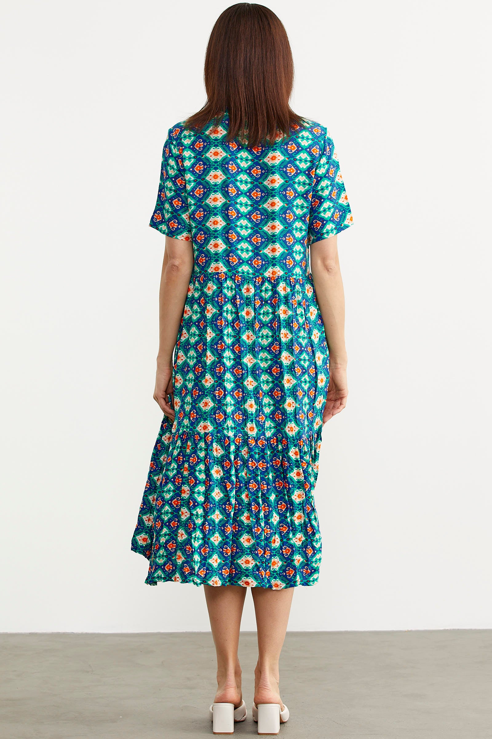 Etnik Desenli Rahat Kalıp Gömlek Elbise - Yeşil (6) Sementa