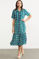 Etnik Desenli Rahat Kalıp Gömlek Elbise - Yeşil (1) Sementa