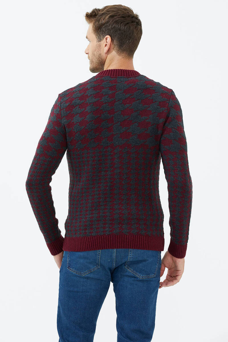 Fermuarlı Blok Desenli Triko Hırka - Bordo (4) Sementa