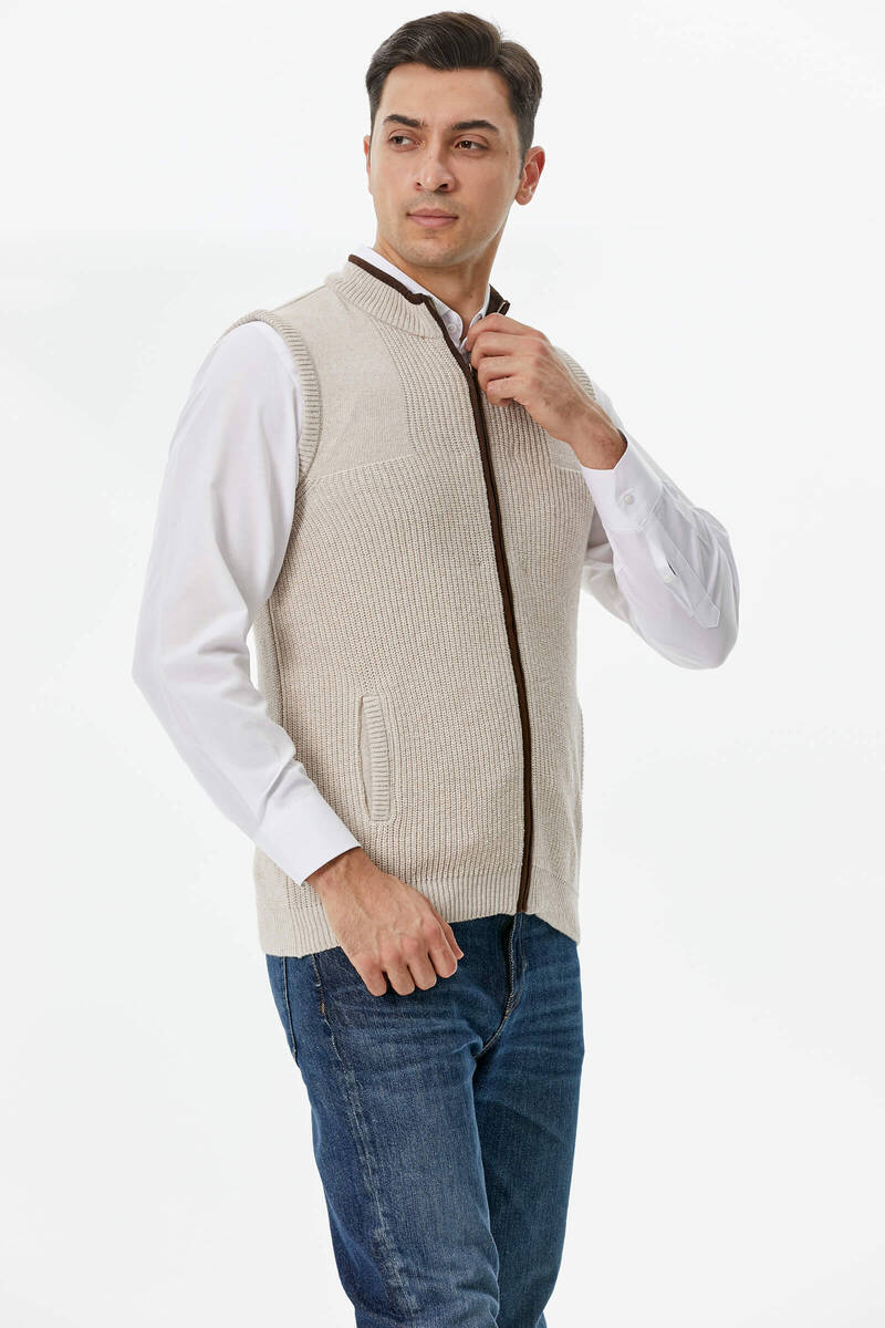Fermuarlı Dik Yakalı Triko Yelek - Açık Bej (3) Sementa