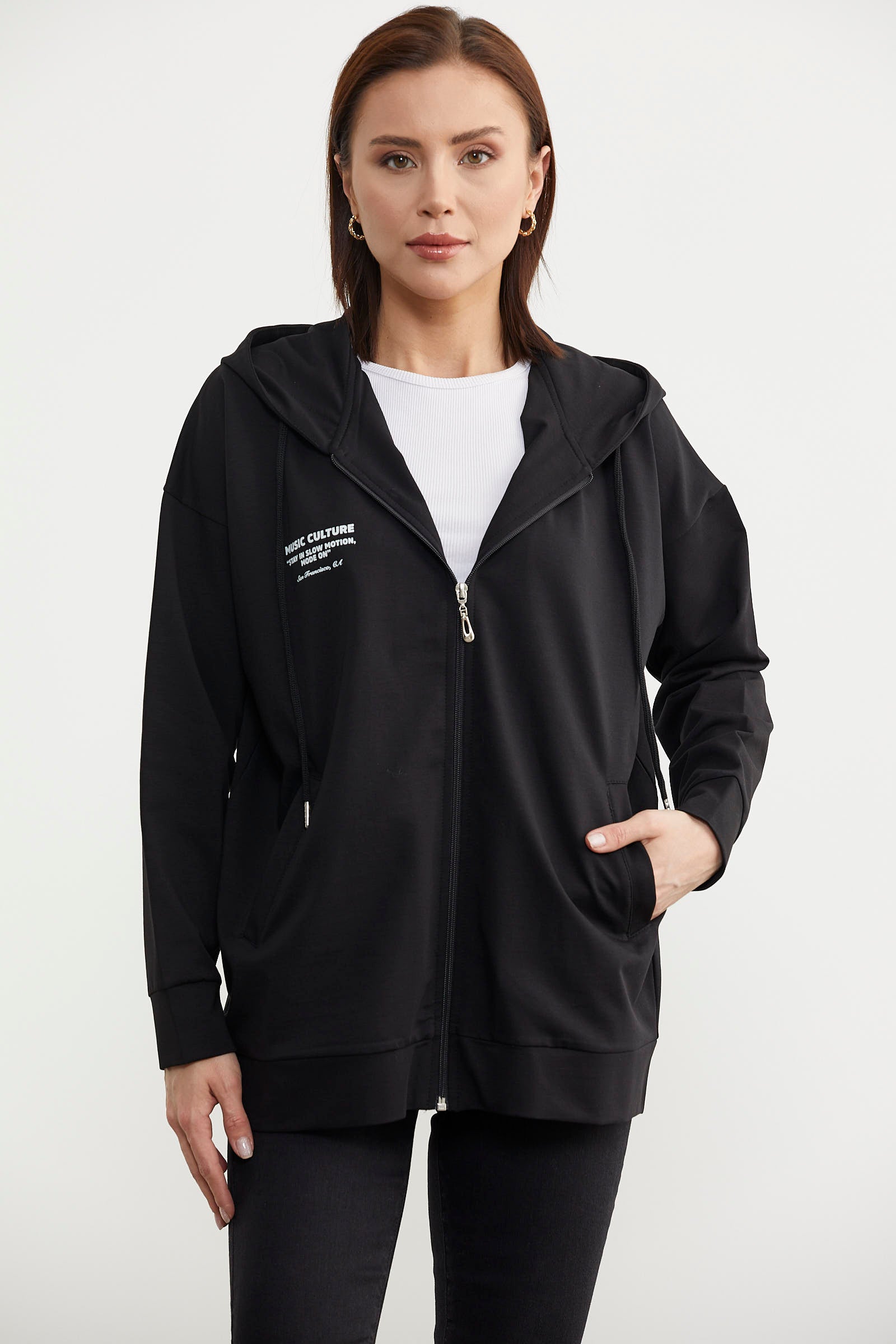 Fermuarlı Oversize Sweat - Siyah (1) Sementa