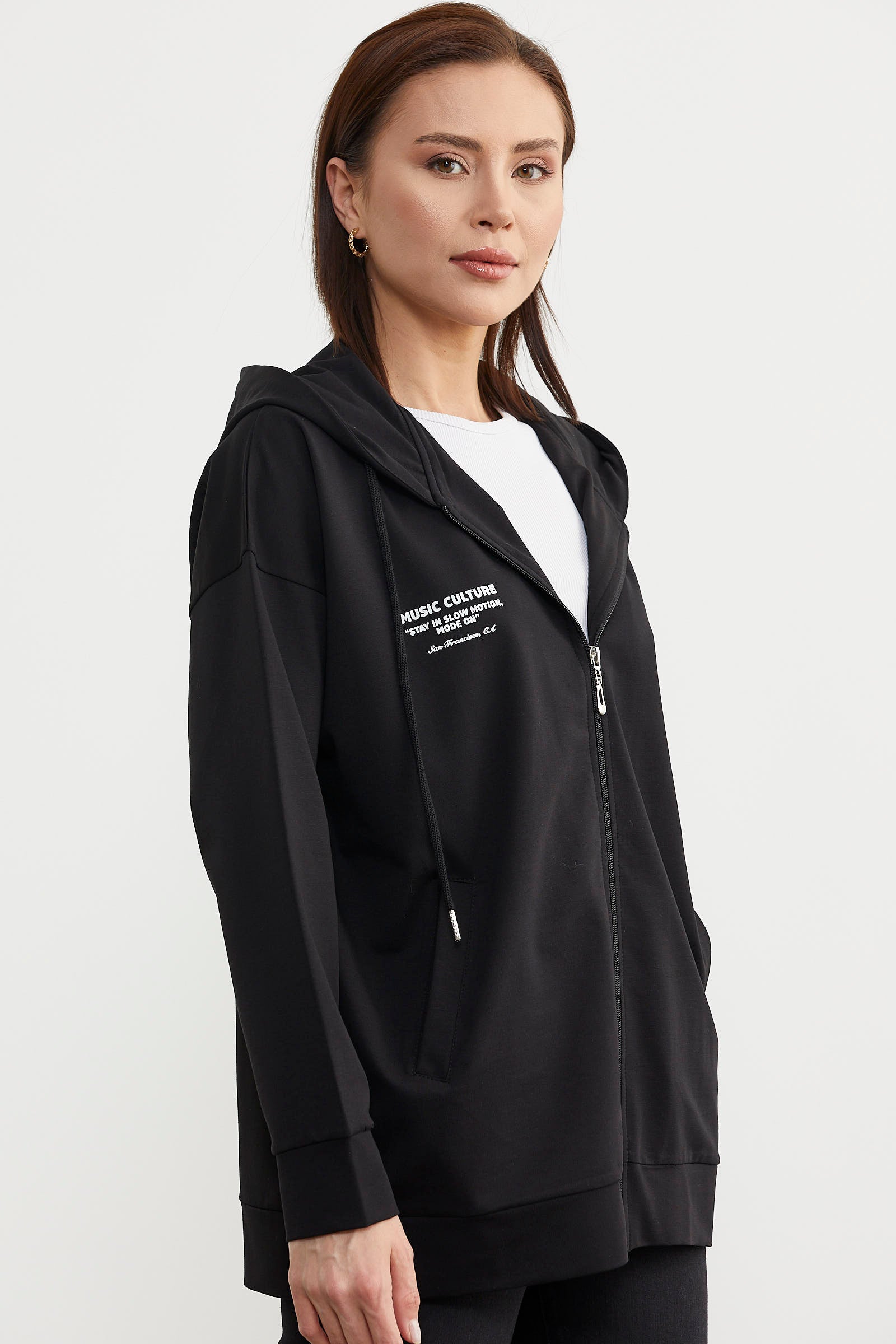 Fermuarlı Oversize Sweat - Siyah (3) Sementa