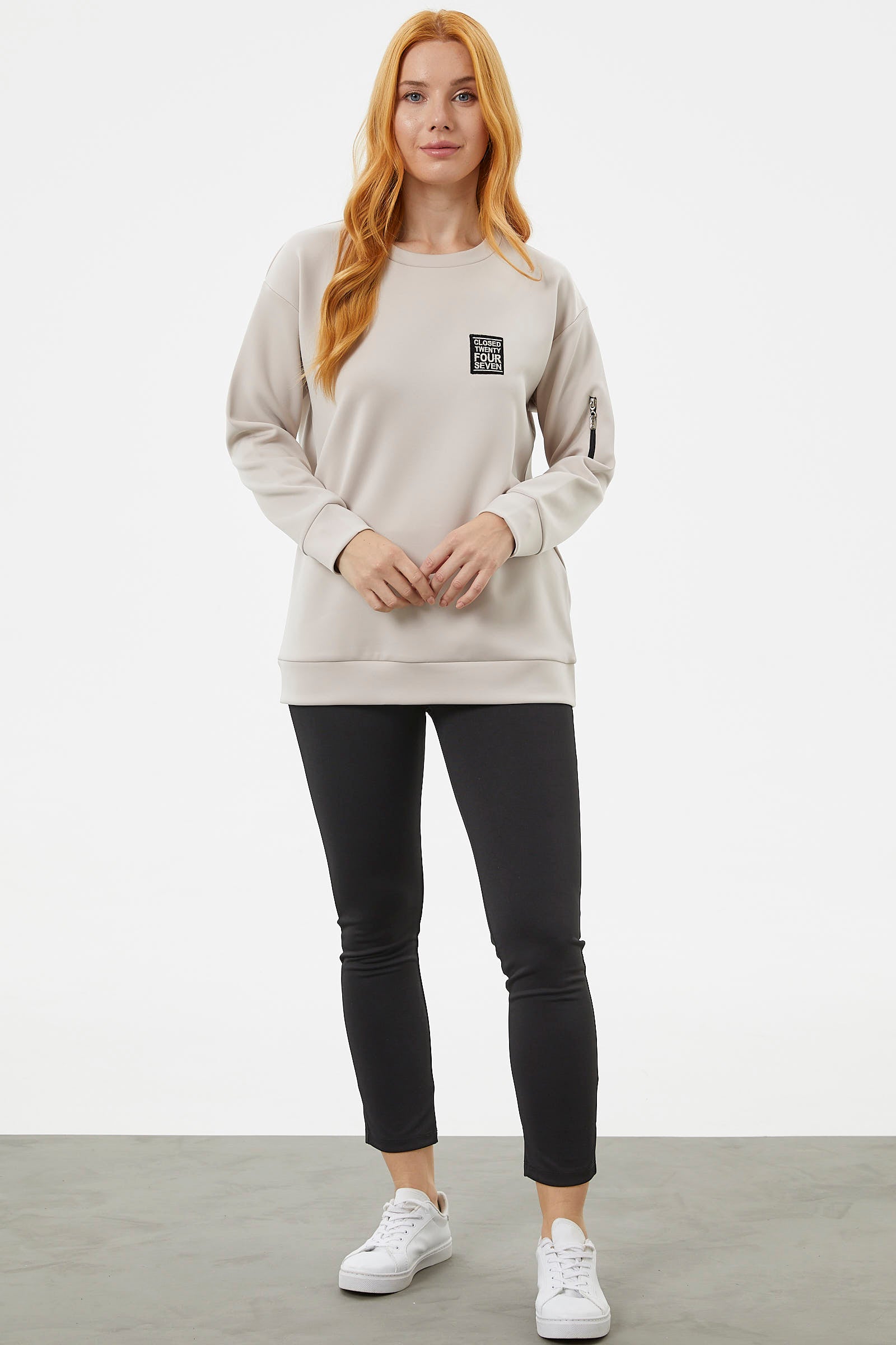Fermuarlı Rahat Kalıp Sweatshirt - Bej (4) Sementa